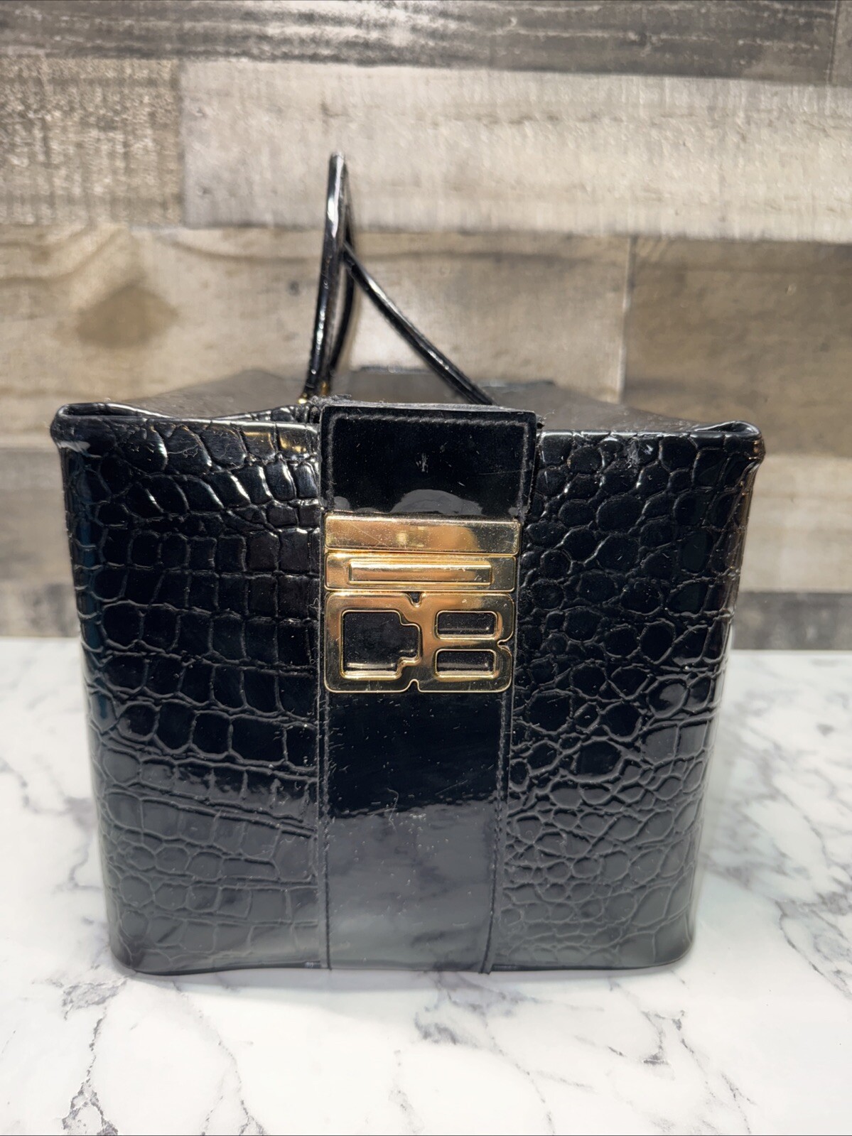 CB Vintage Crocodile Patent Leather Makeup Train Case Black