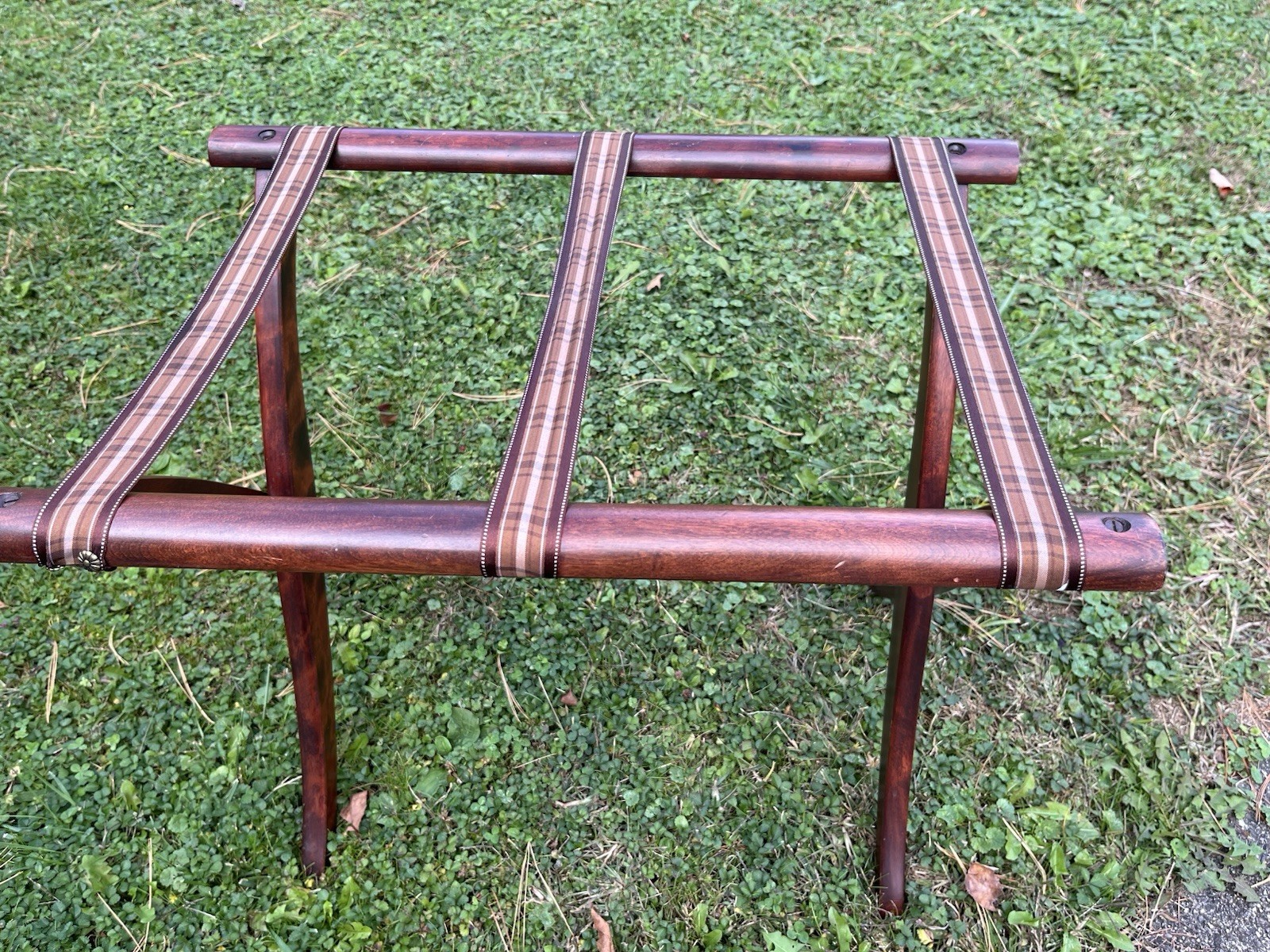 Vintage Folding Wooden Luggage Rack Mahogany Finish Floral Metal Tacks READ