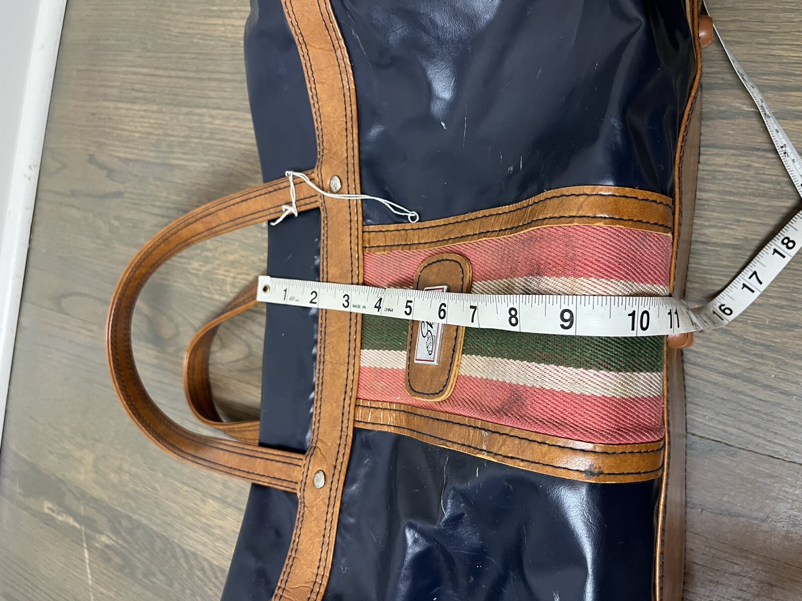 Vintage Skyway Luggage Duffle Bag Navy Blue Plastic Brown Trim Striped Canvas