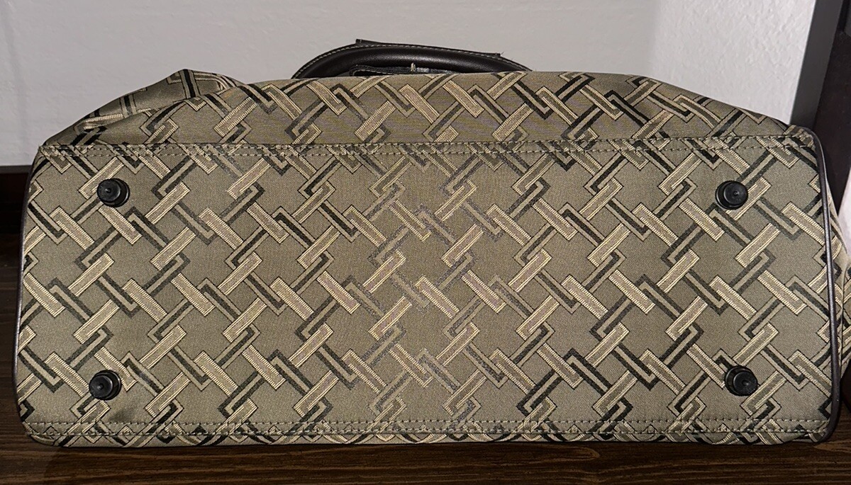 Vintage OLEG CASSINI Travel Bag Tote Navy Gray Gold Vinyl Leather Handles Trim