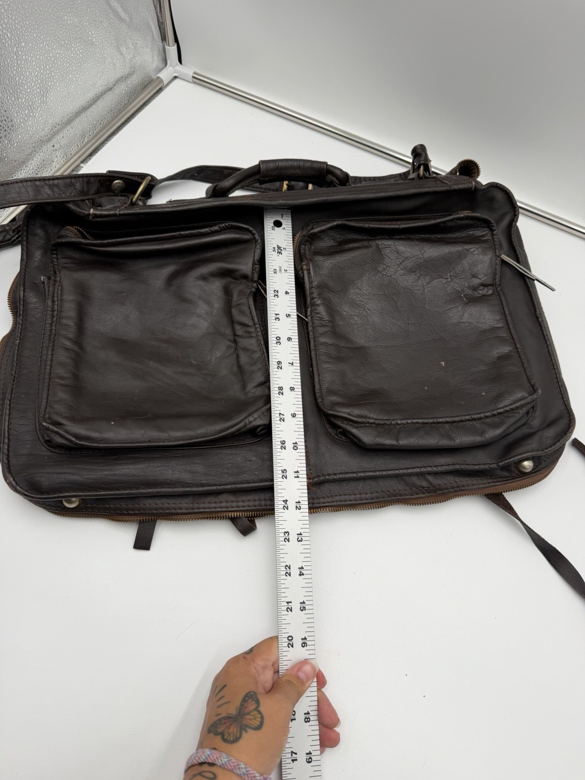 Vintage Genuine Leather Garment Bag Brown Foldable Travel Suit Carrier Colombia