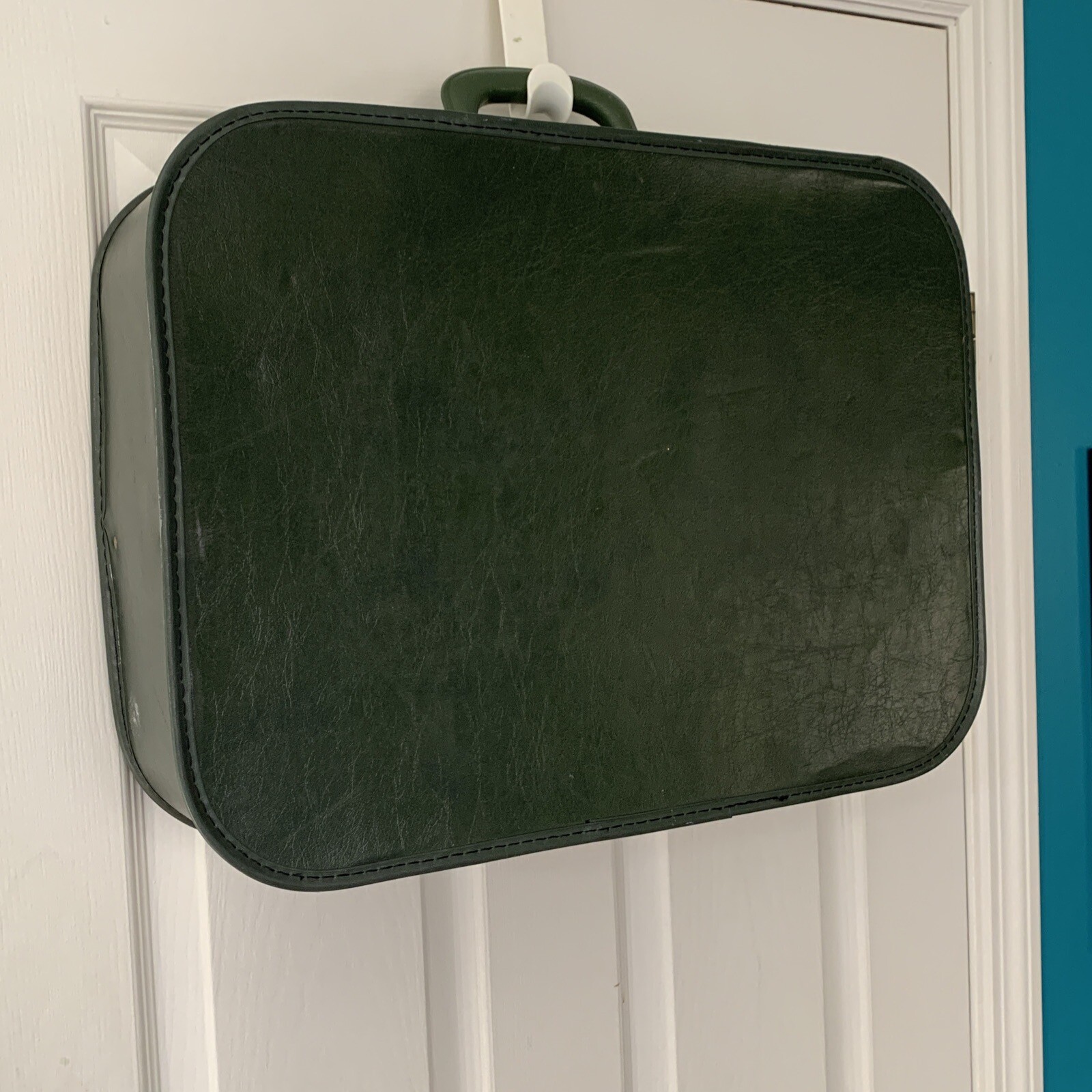 Vintage Grasshopper Suitcase Olive Green Faux Leather Luggage 21x15x5.5”