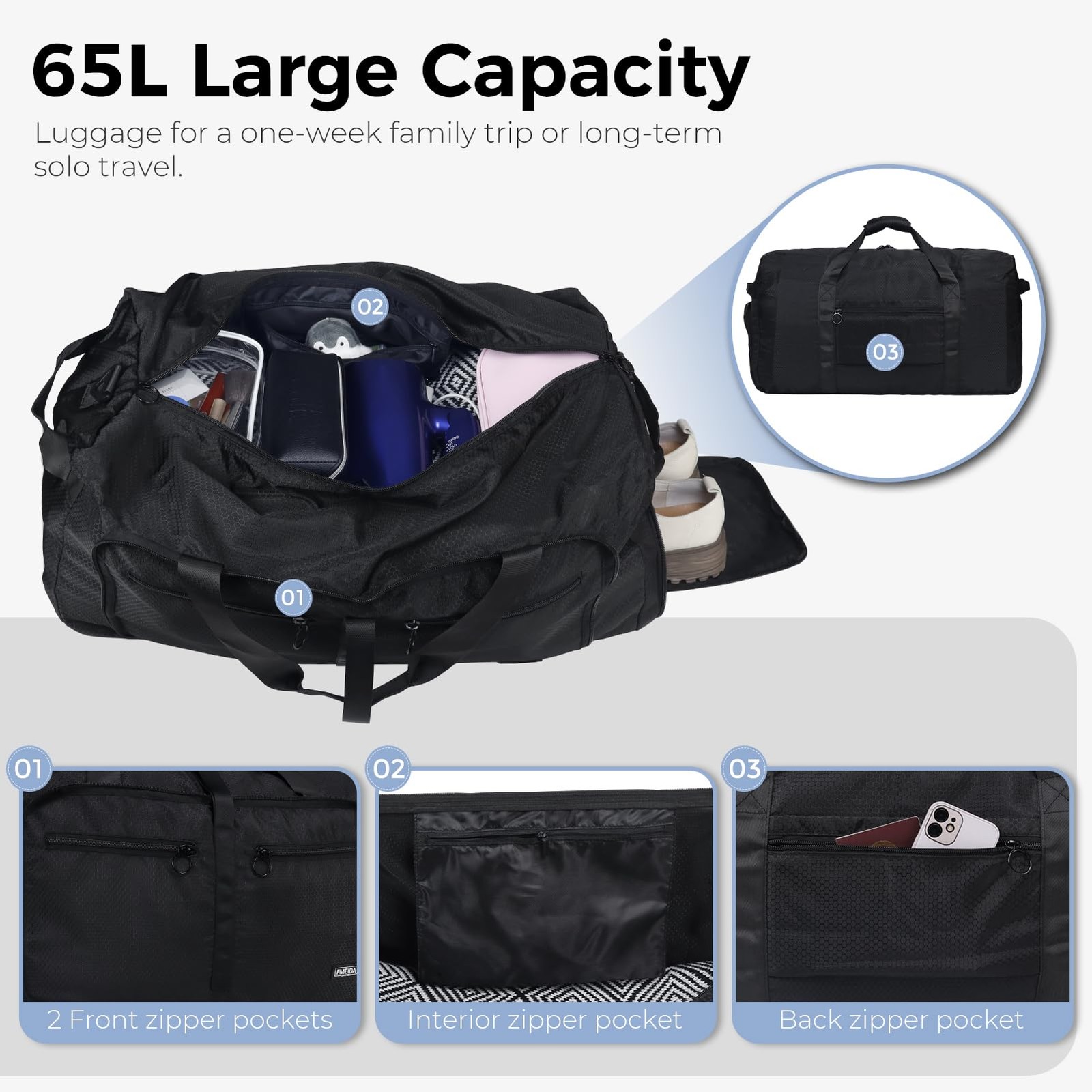 Fmeida 65L Duffle Bag Shoes Compartment Foldable Travel Duffel Bags For Men