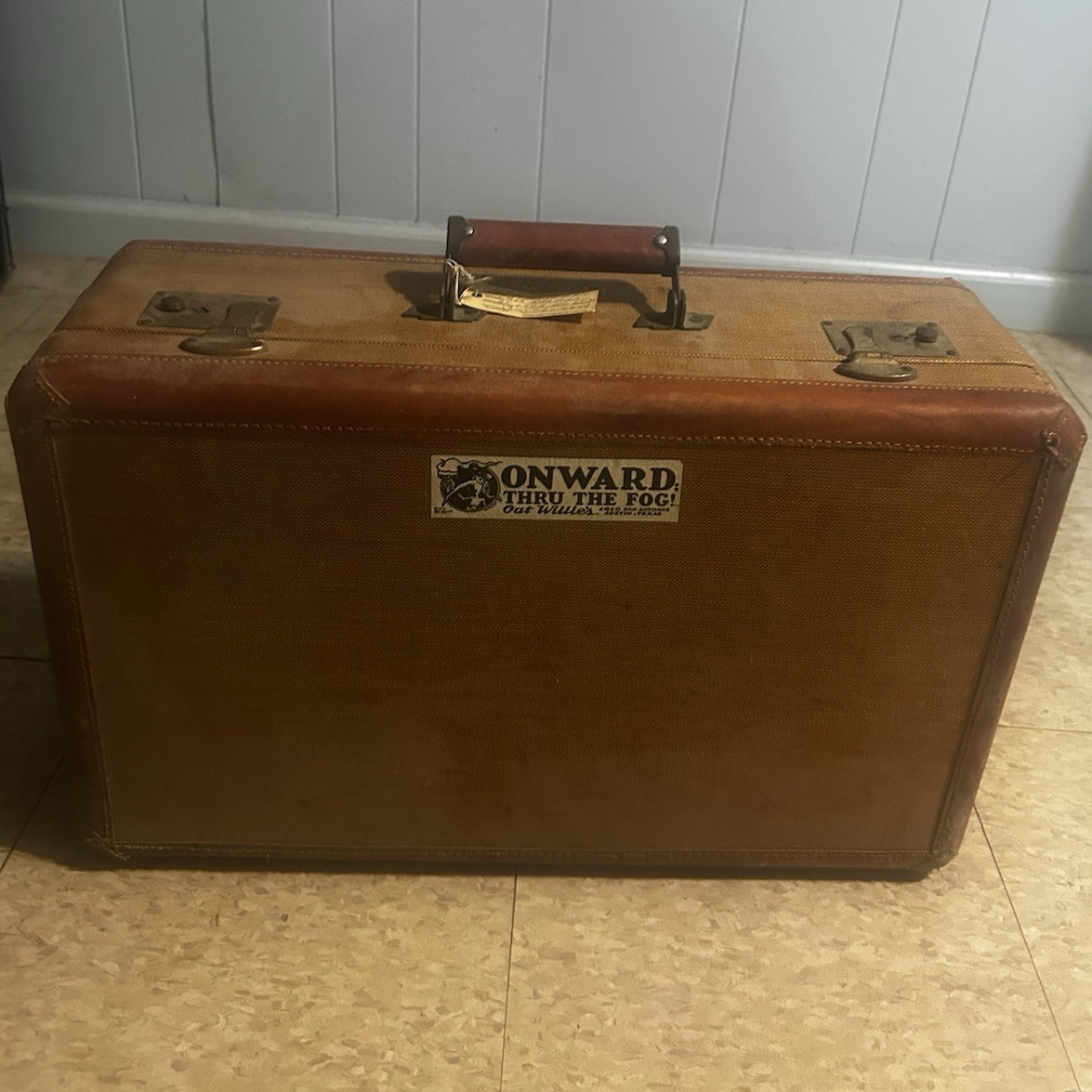 Vintage 1950s Hard Suitcase Brown/Tan Canvas & Leather, Extra Compartments