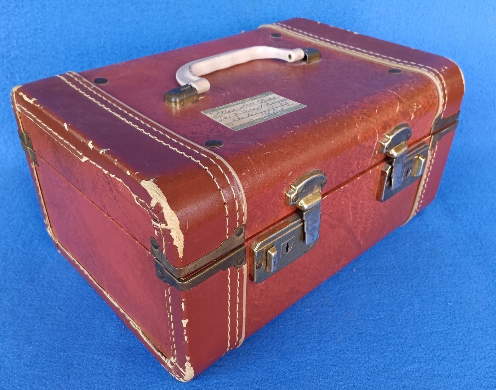 Vintage 1940’s Brown Faux Leather Hard Travel Train Makeup Case Luggage Suitcase