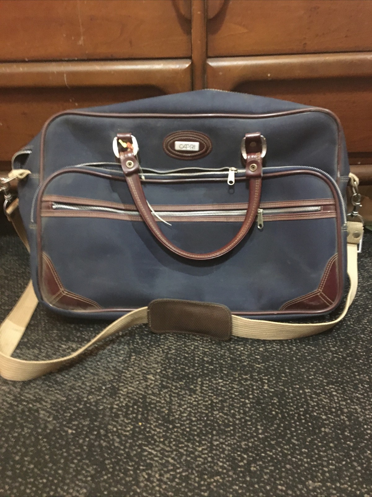 VTG Jaguar Weekender Shoulder Duffle Bag Navy Blue Leather Canvas Boho Y2K Retro
