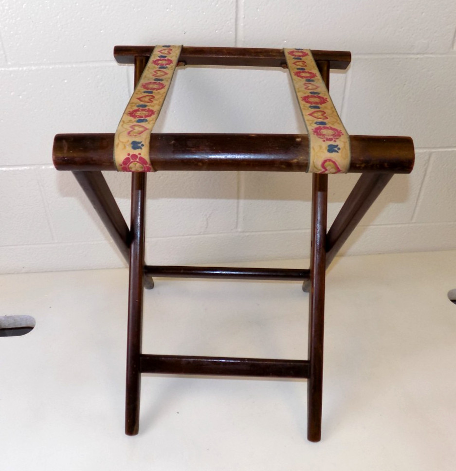 Vintage Wooden Folding Luggage Suitcase Rack Stand Floral Straps 21” AirBnb