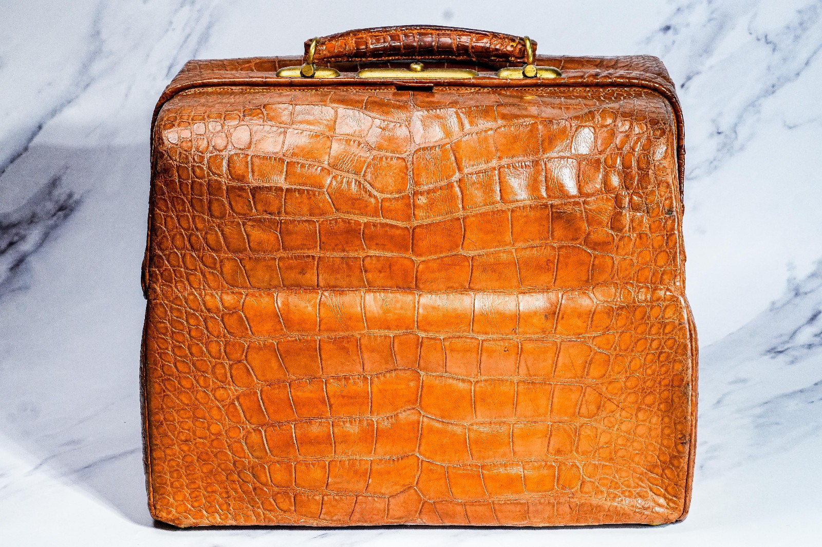 Edwardian Antique Crocodile Leather Gladstone Bag Travel Suitcase