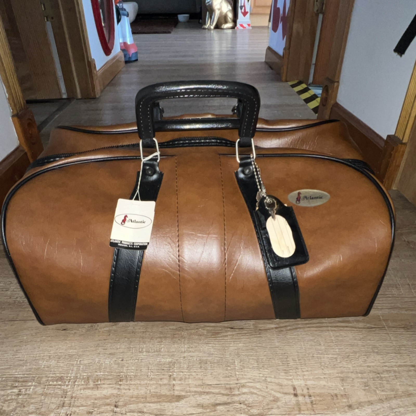 Atlantic Brown & Black Faux Leather Duffle Holdall 1980s Locking Compartment