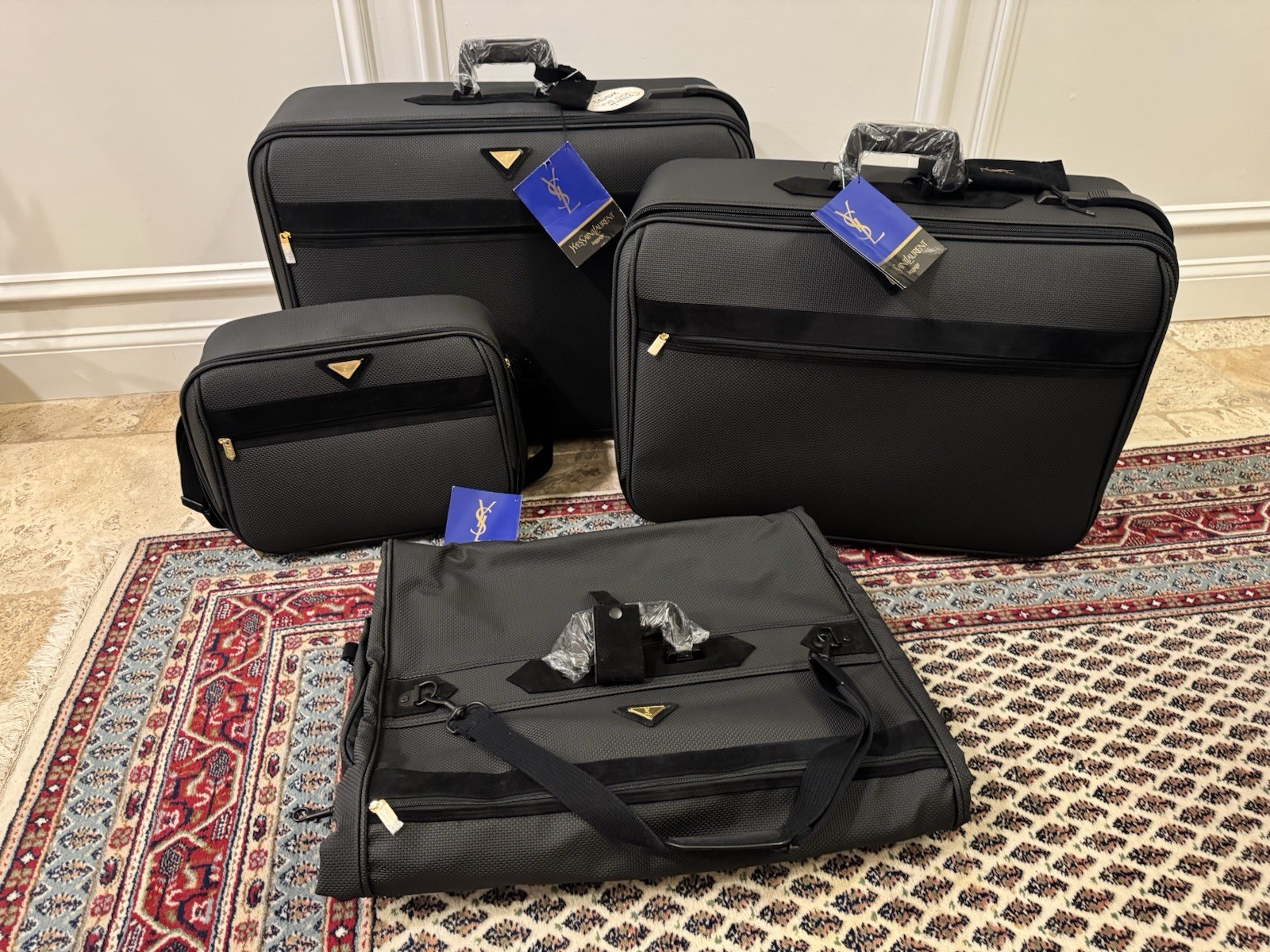 Rare Vintage Yves Saint Laurent Black tweed suede trim luggage suitcase set of 4