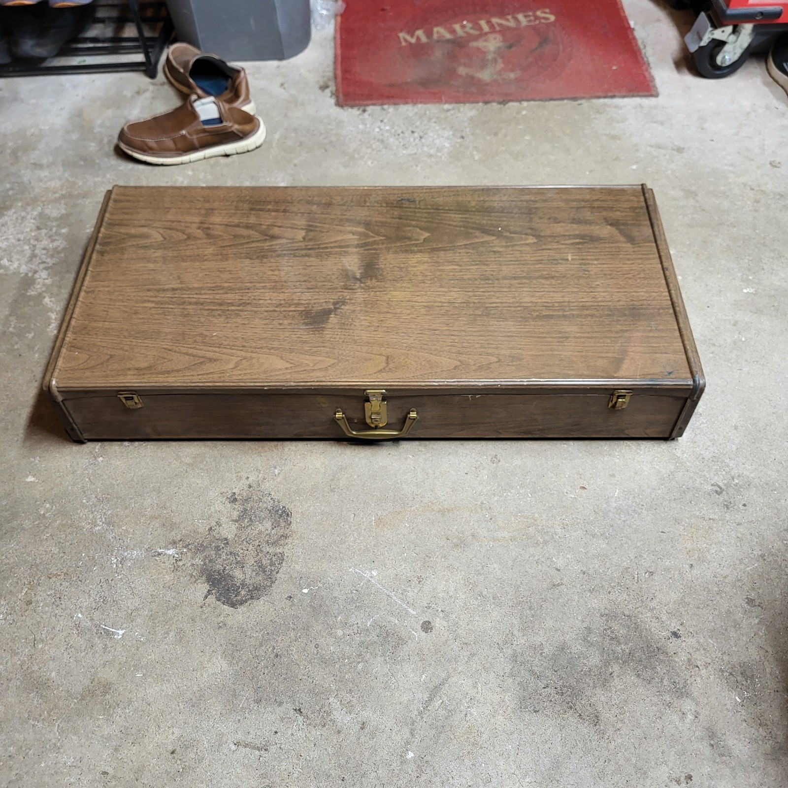 Vintage Mid Century Tin/Metal Wood Grain Storage/Travel Suitcase Trunk Case Box