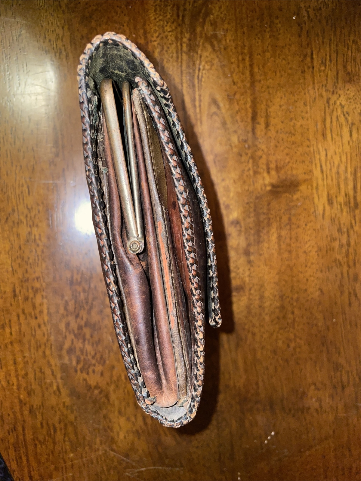Rare TEXAS ANTIQUE RH JOHN TRUNK Co Leather Cosmetic Travel Bag 6”x5.75”