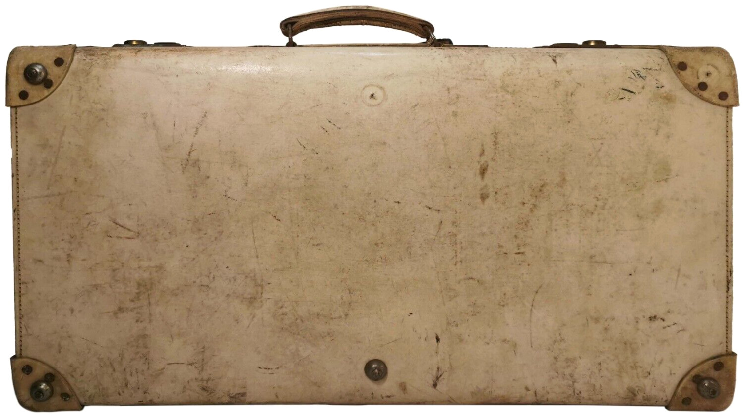 SCARCE 1920’S/30’S ANTIQUE HAND SEWN WHT LEATHER HARD SUITCASE W/TRAVEL STICKERS