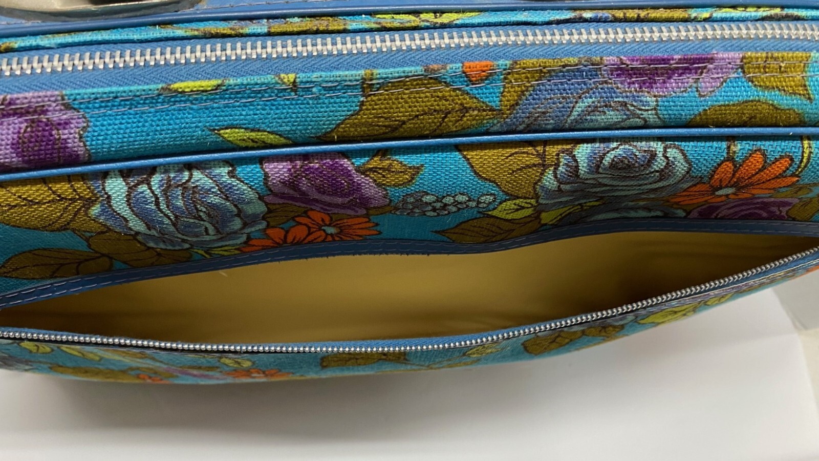 Vintage 70s Floral Bantam Soft Suitcase Blue Orange Yellow Hippie Boho Carry-on