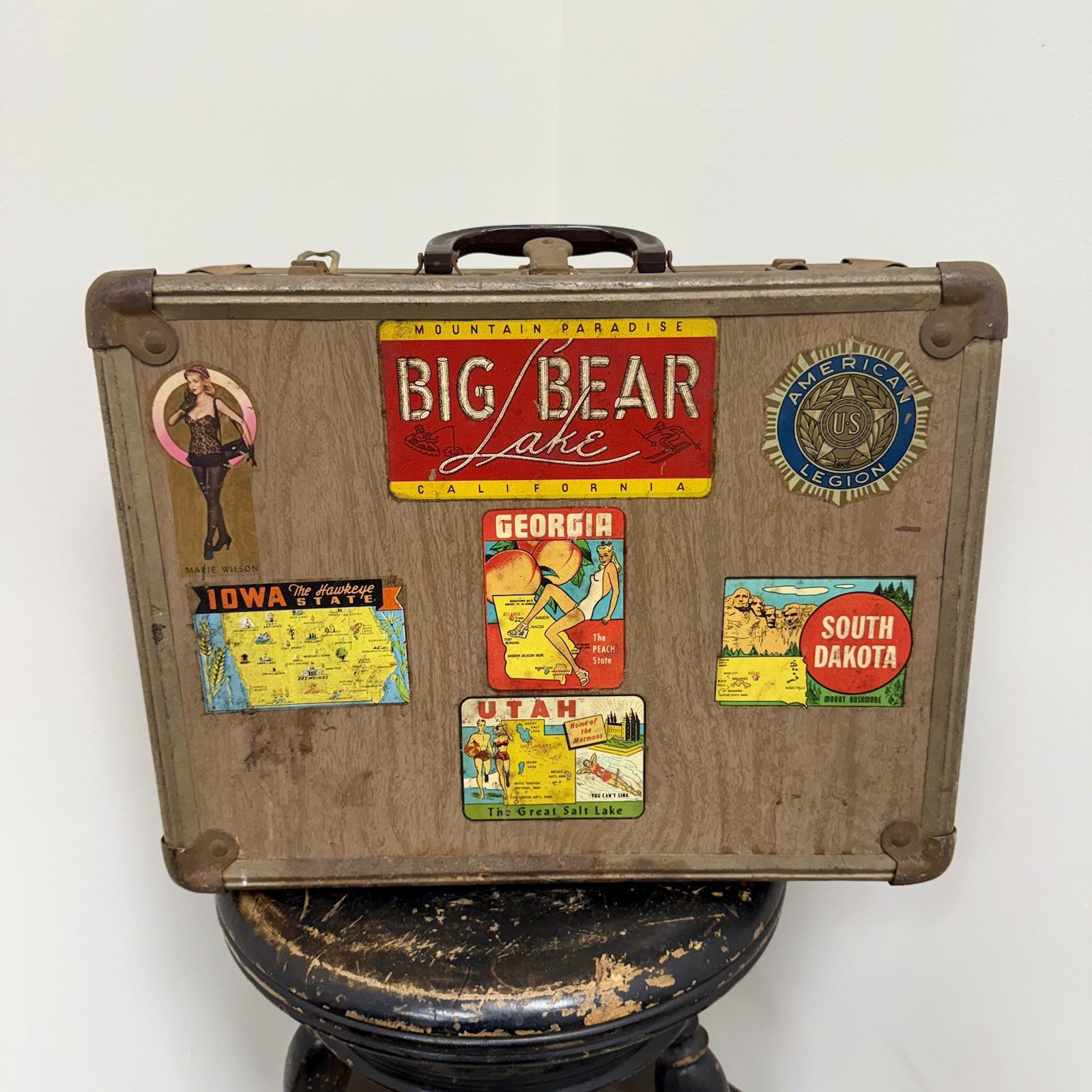 Vintage 1950s Hard Shell Suitcase W Travel Stickers Big Bear Las Vegas Pinups