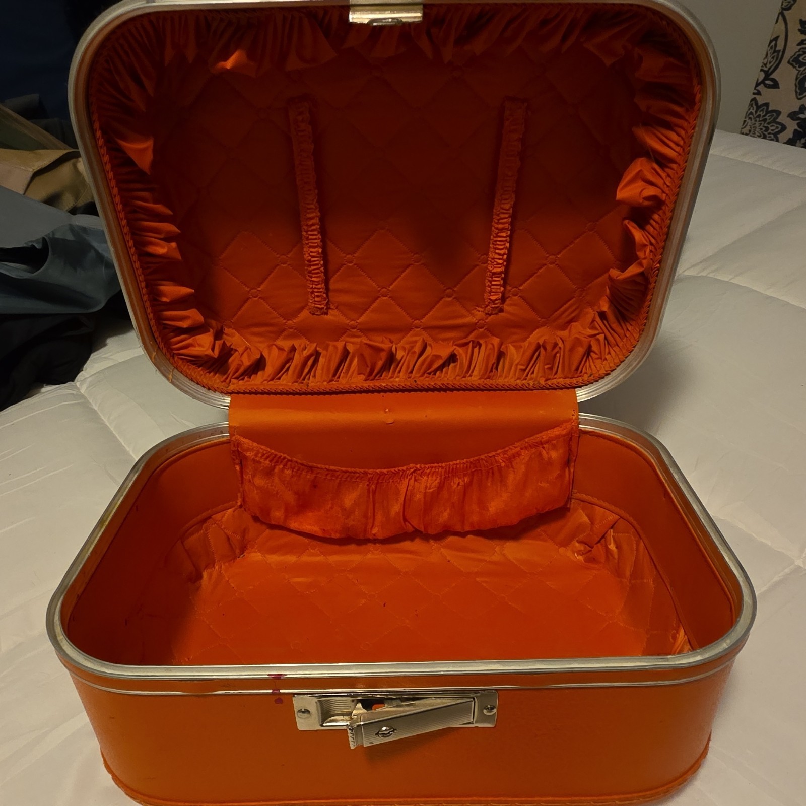Vintage 1970s Orange Hard Vinyl Vanity Case Locking with Extra Compartments