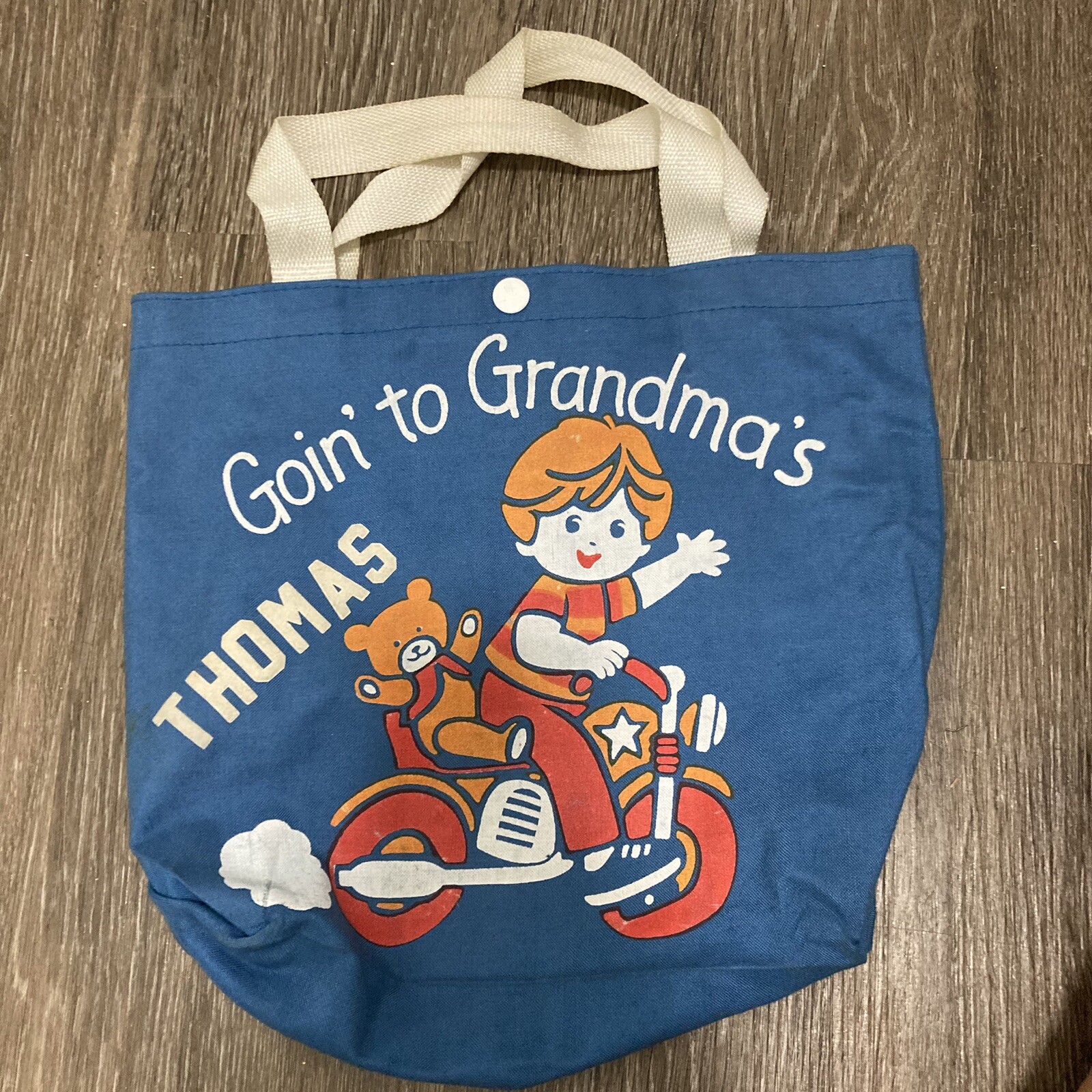 Goin’ To Grandma’s Tote Bag Personalized “Thomas” Blue Motorcycle Boy vtg