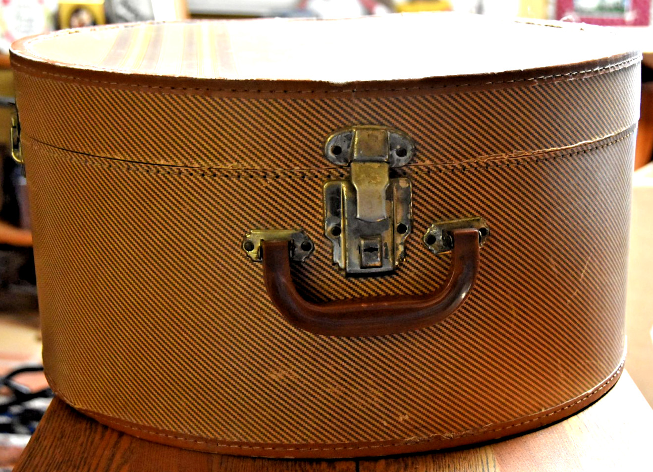 Vintage 1920s Round Suitcase Textured Beige Pin Stripped Vinyl w/ Leather Trim*
