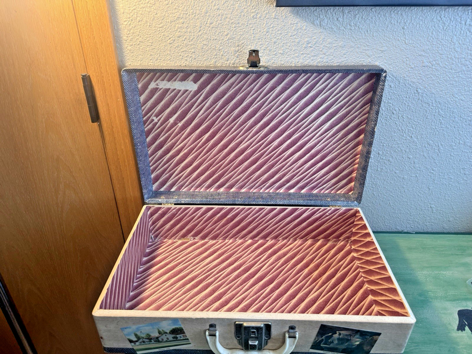 Vintage 1940s Travel Decal Suitcase W/ Paris & Yellowstone Labels Mid Century