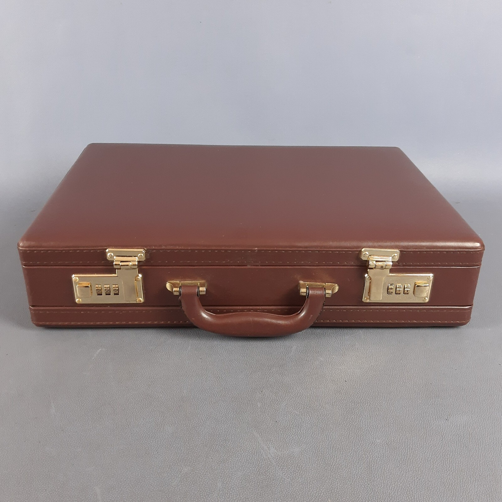 Brown Brass Leather Suitcase Double Closure Work Code 24 Hour Vintage