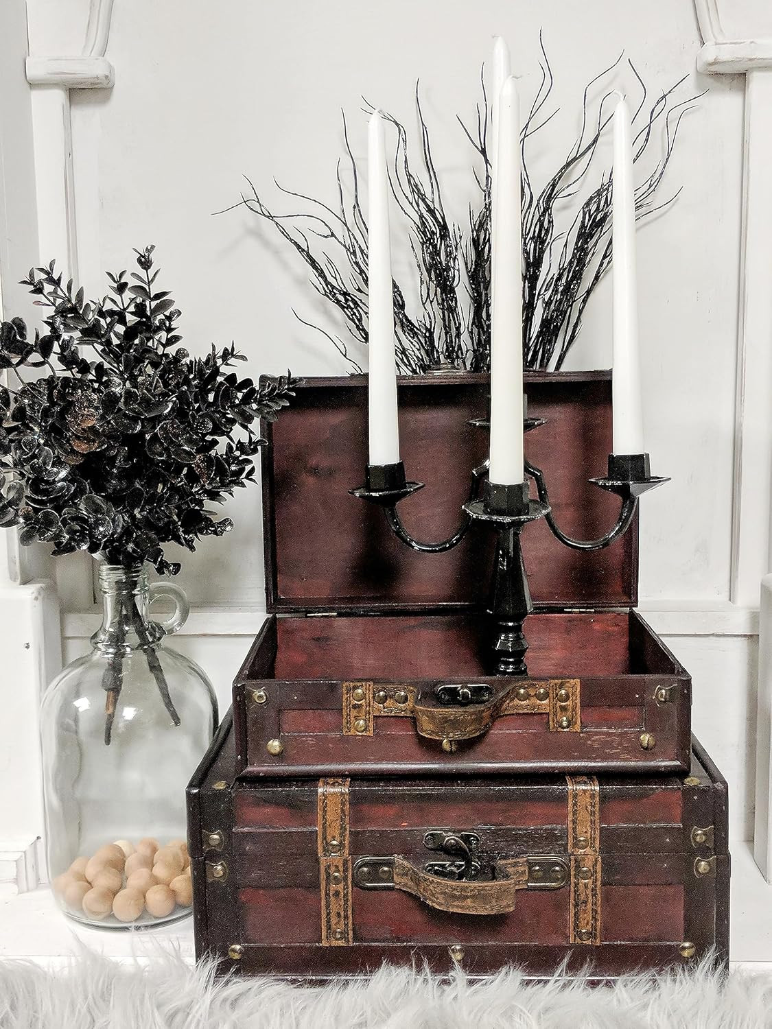 Wooden Vintage Luggage Trunks – Set of 2, Decorative Antique Suitcase Boxes with