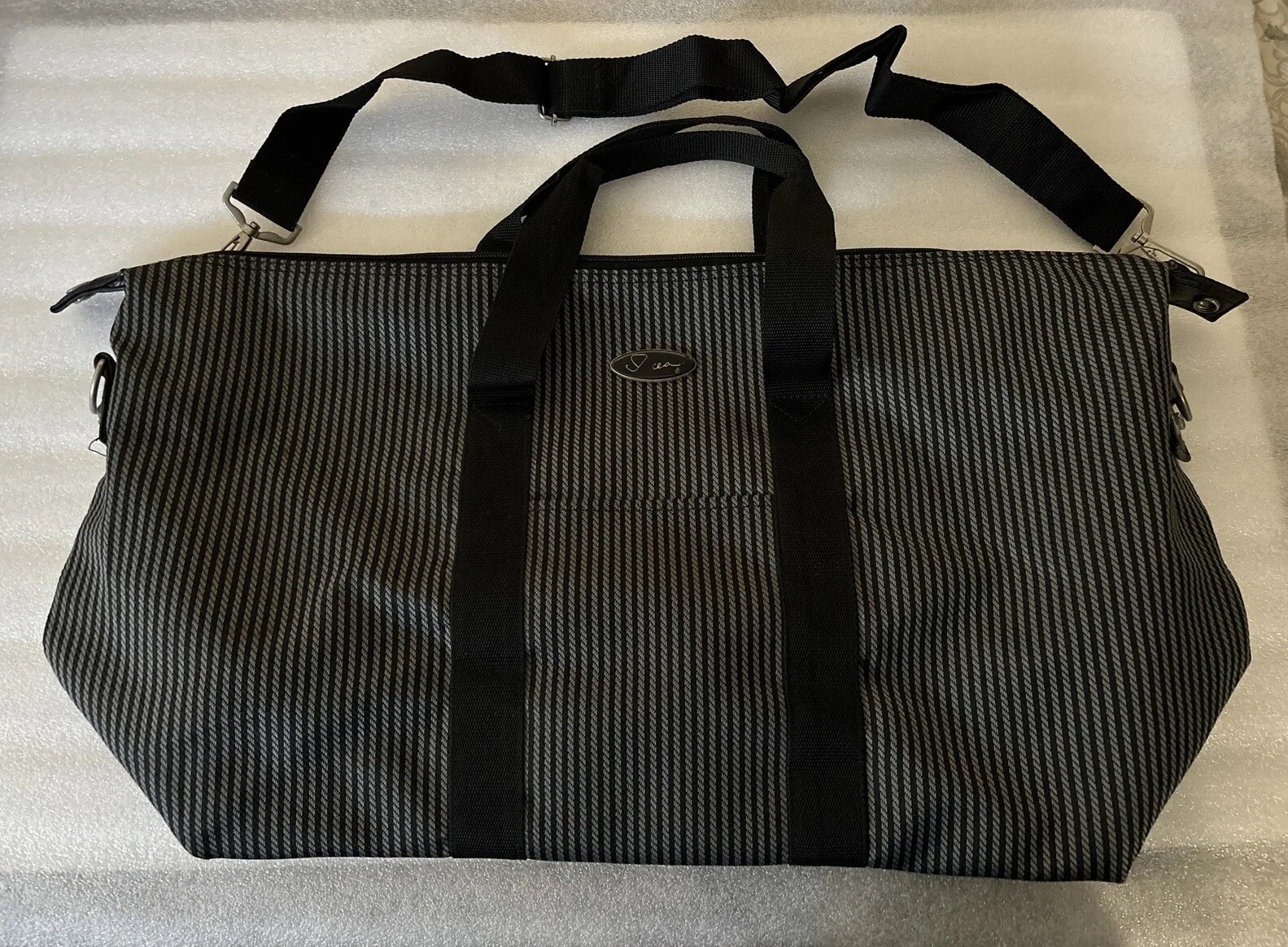 Vintage Overnight Weekender Bag, Black Gray Striped With Adjustable Strap
