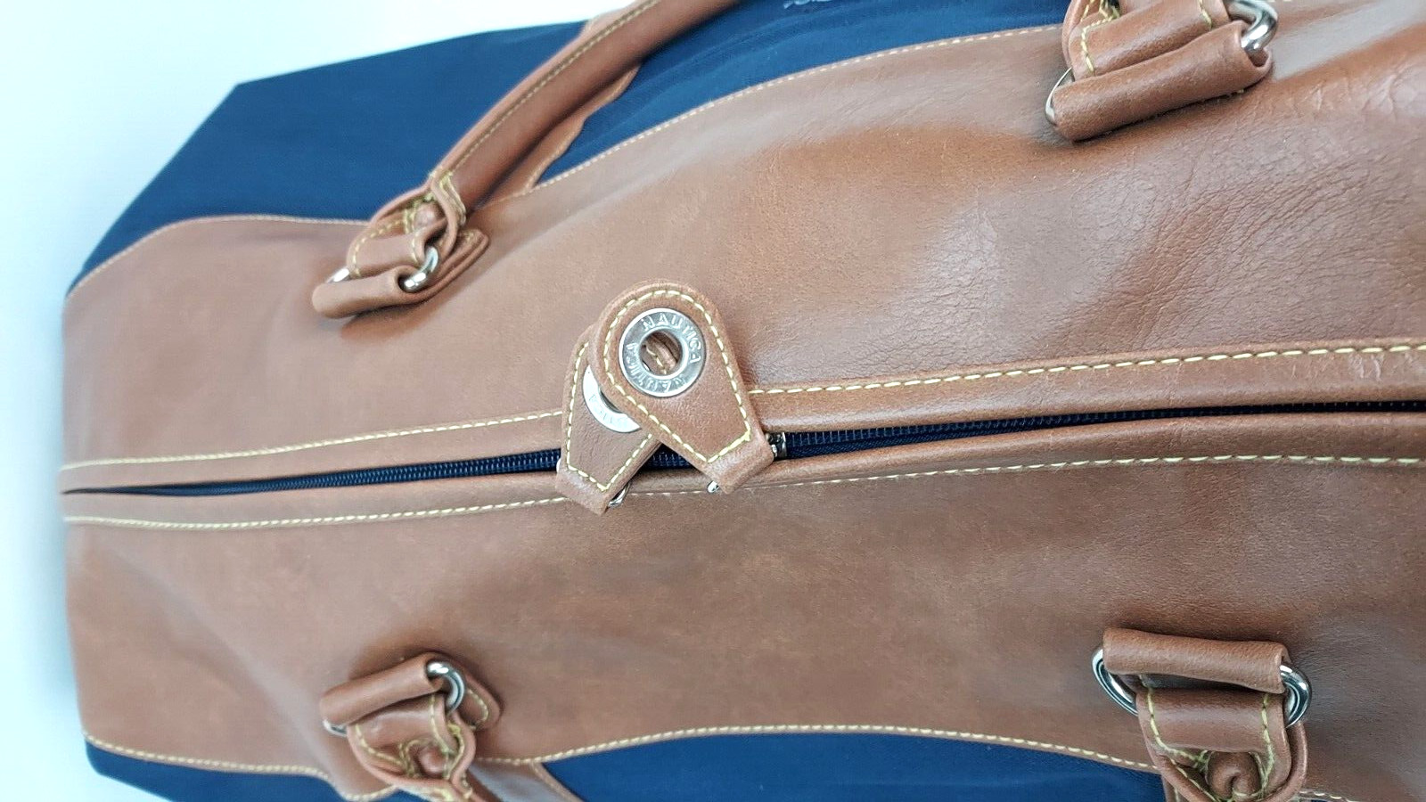 Vintage Nautica Canvas Duffel Bag 22×9 Inches Blue And Brown EUC