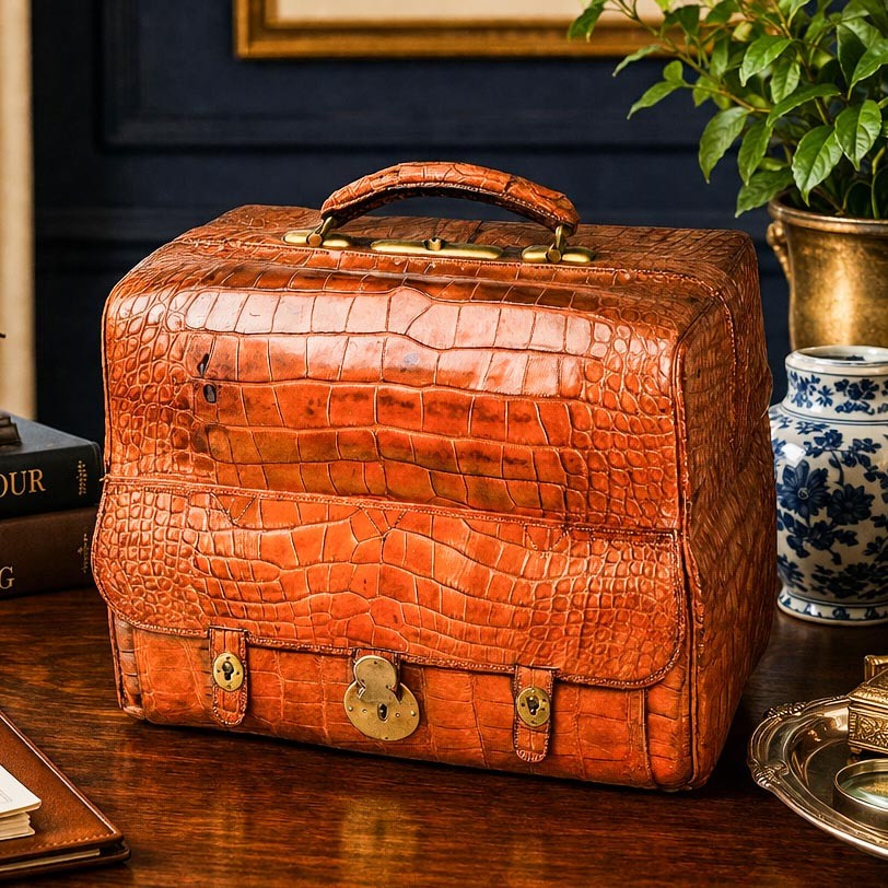Edwardian Antique Crocodile Leather Gladstone Bag Travel Suitcase
