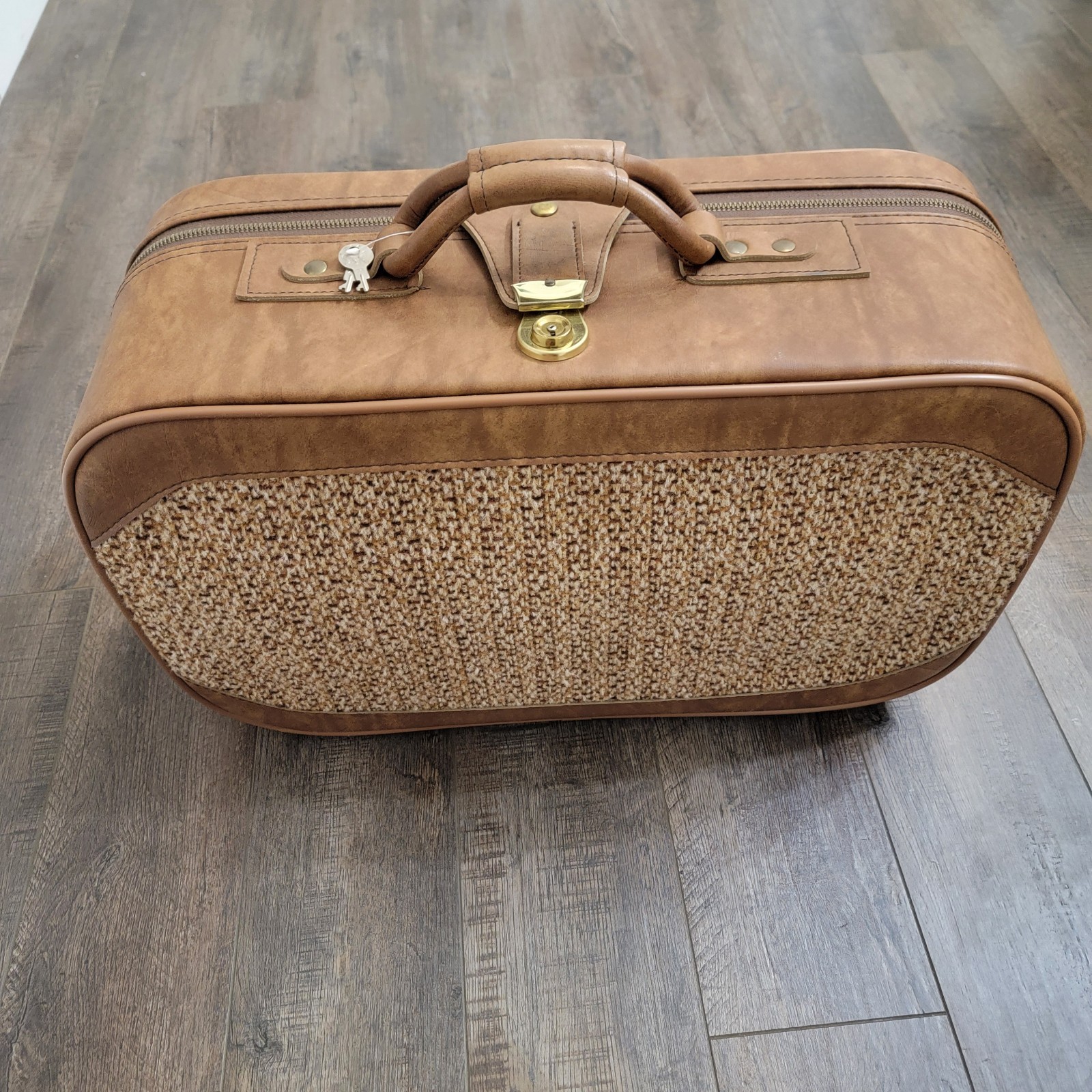 Vintage 70s Verdi Leather Tweed Suitcase Luggage Brown Excellent Condition w/key