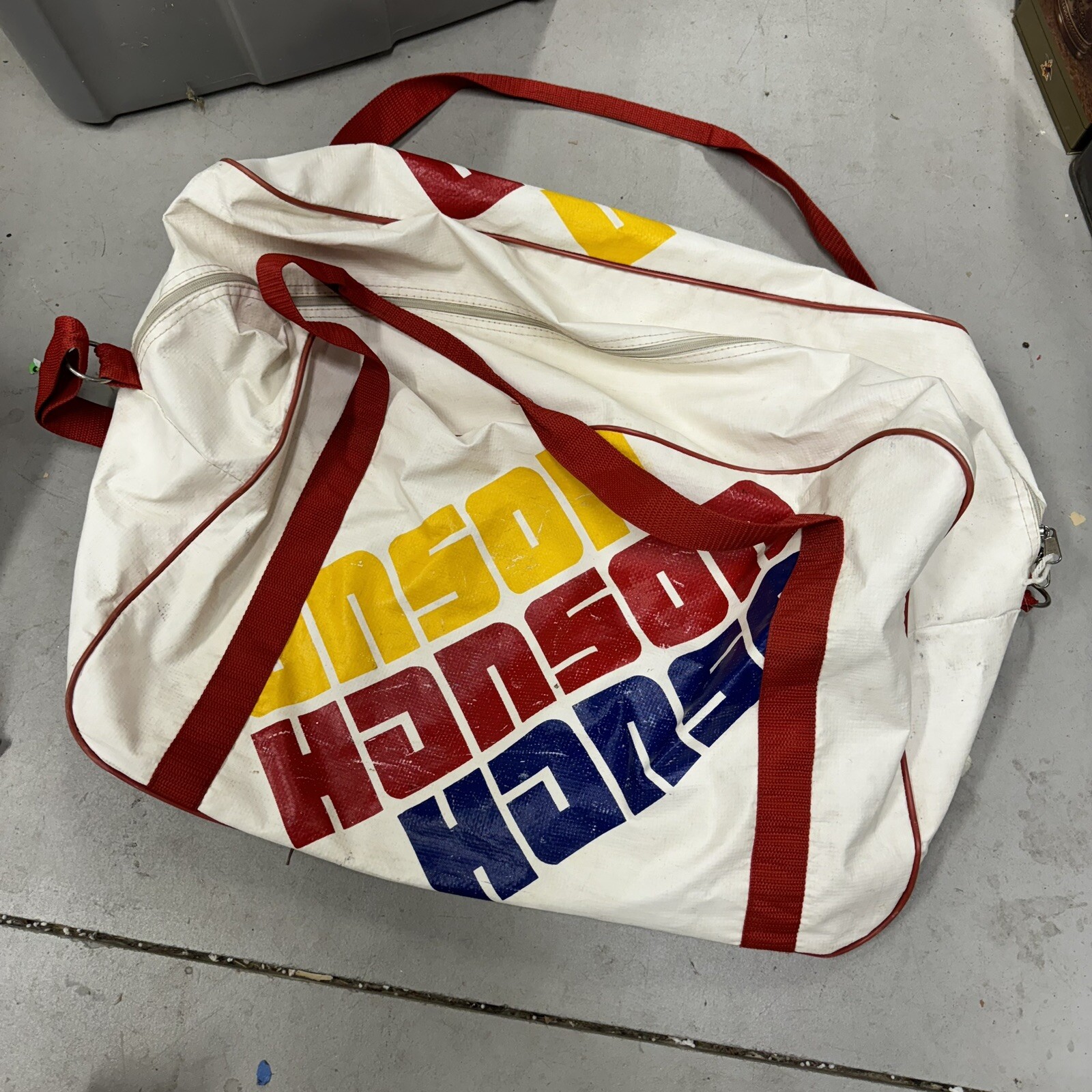 Vintage Large Anthalon? Hanson Duffel Bag White Yellow Red Blue Colorful Print