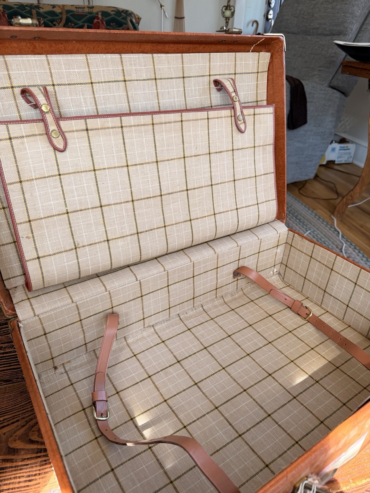 Vintage Mid-Century Leather Suitcase | Classic Tattersall Lining Notebook Holder