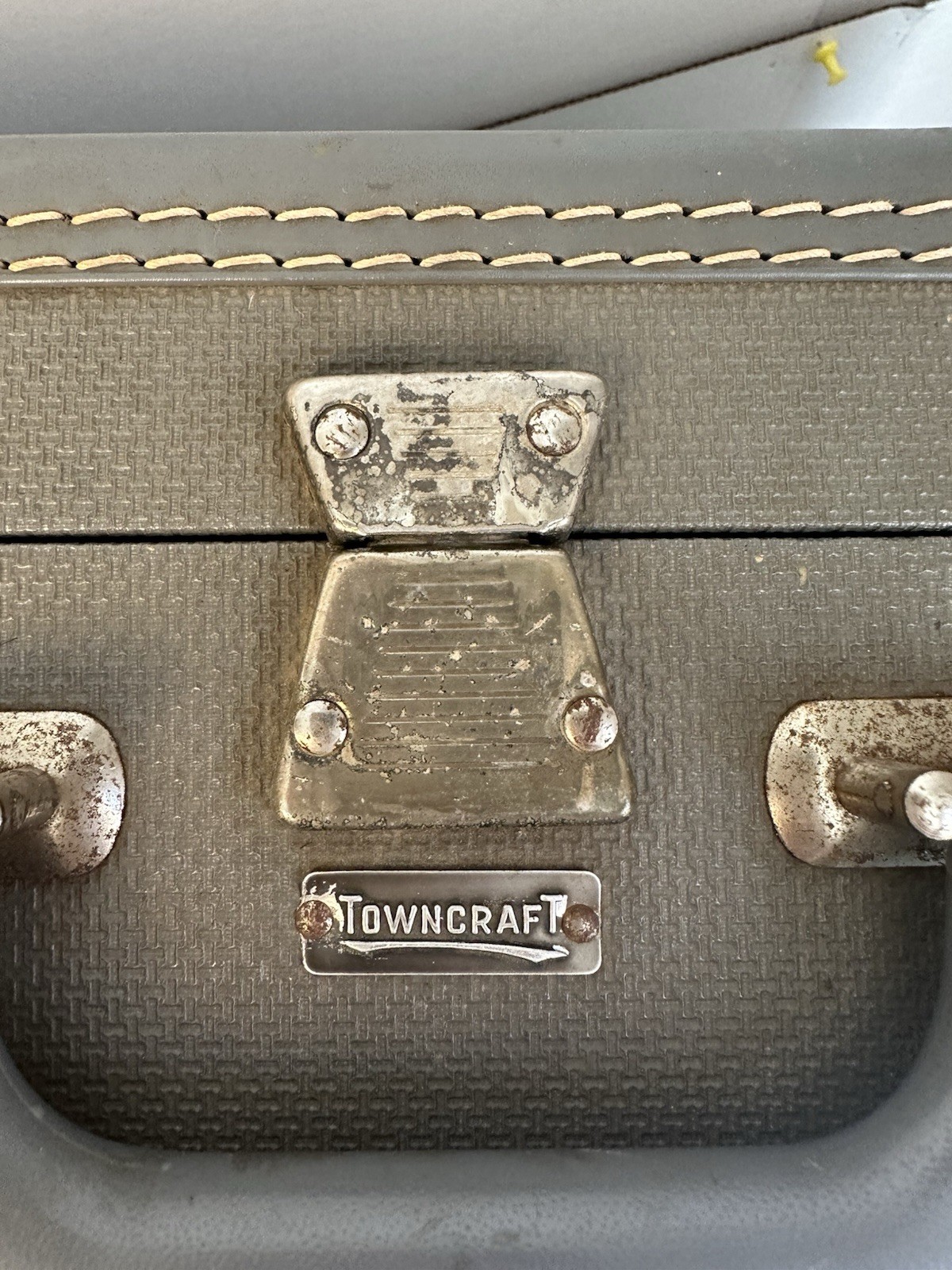 Vintage Towncraft Hard Shell Suitcase Luggage Gray Olive Green Mid Century Prop
