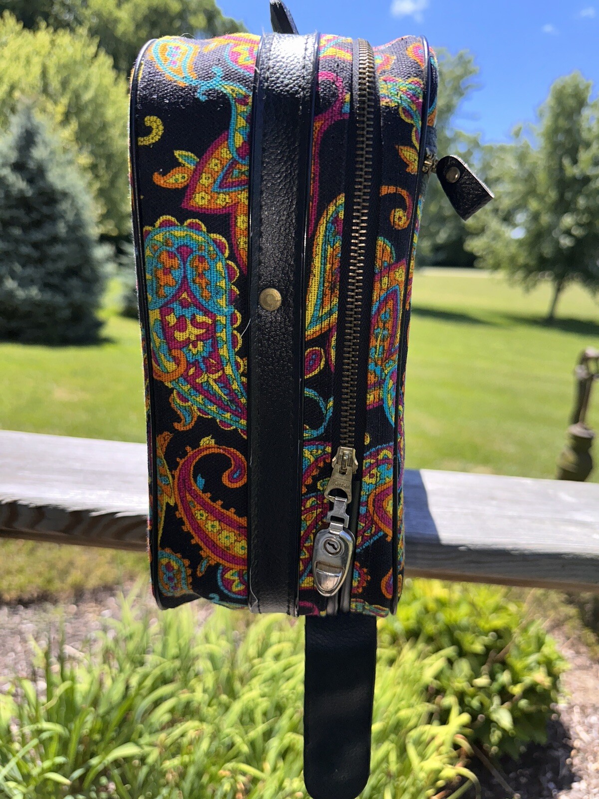 Vtg 60s Bantam Travelware Suitcase Luggage Paisley Mod Black Neon Canvas KEY