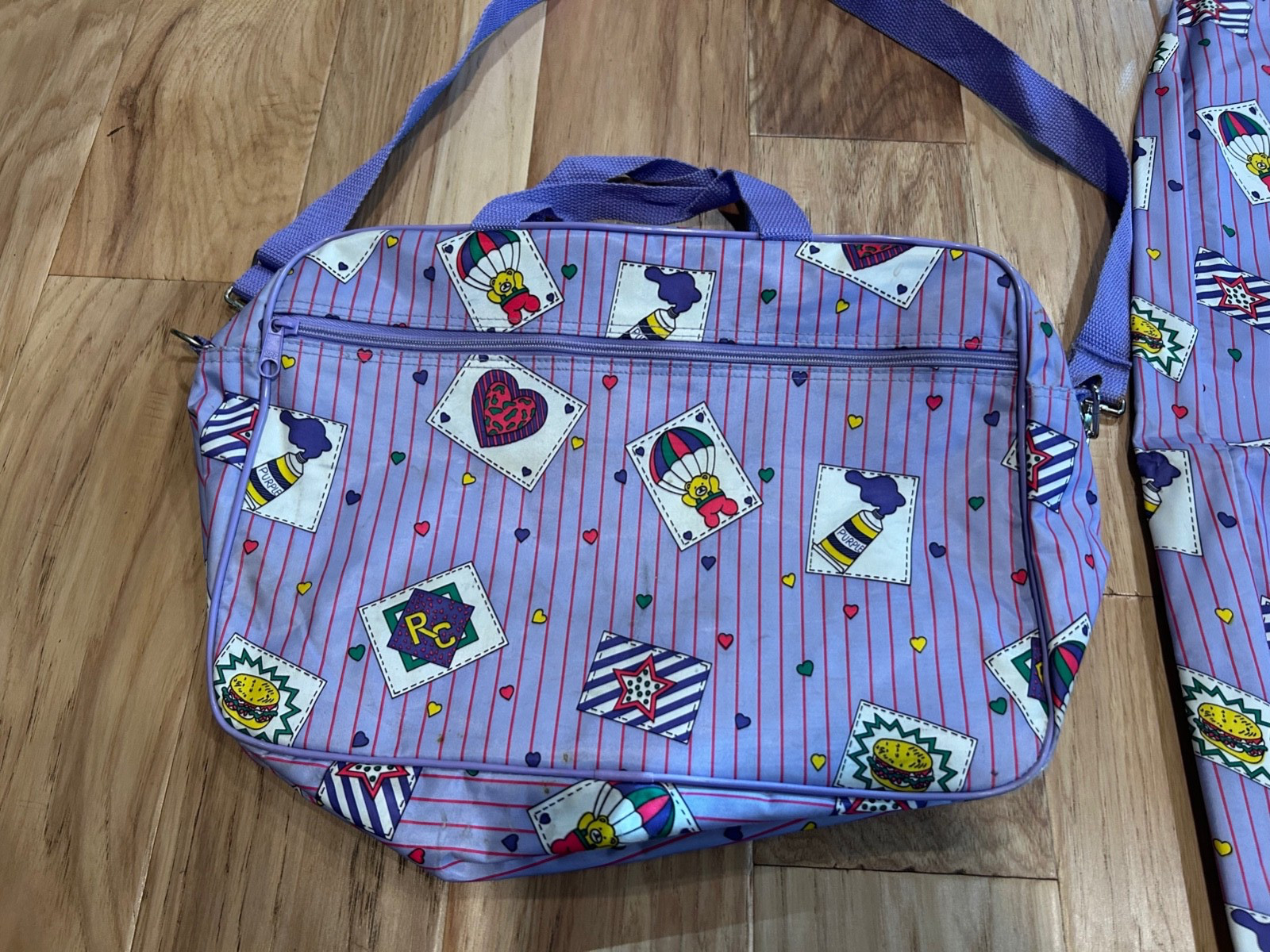 Vintage 90s Girls Travel Bags Garment Bag, Toiletry Bag Purple Stripes Bears