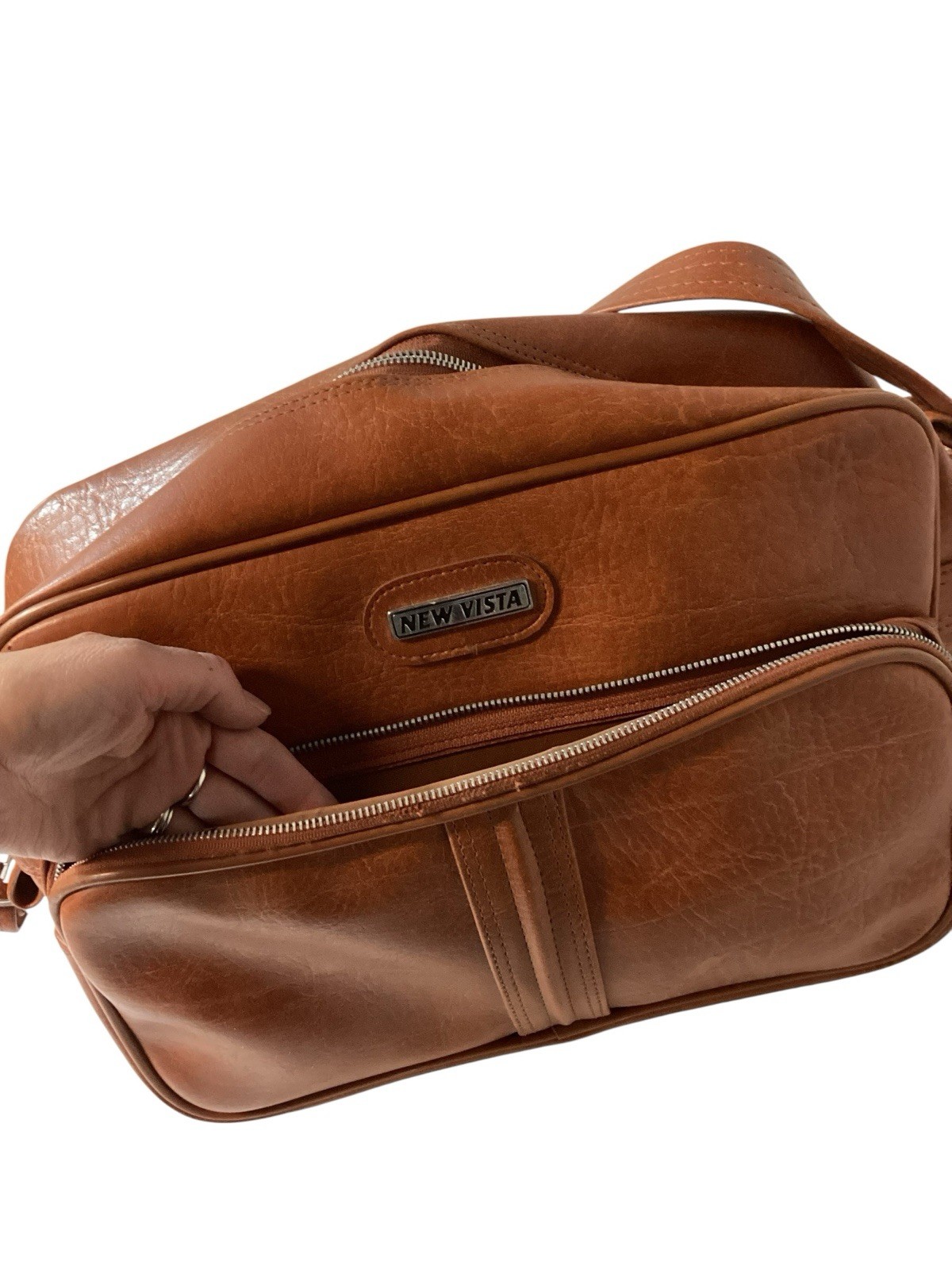 Vintage Faux Leather Vinyl Footed Travel Bag Carry On Luggage Saddle Brown Korea