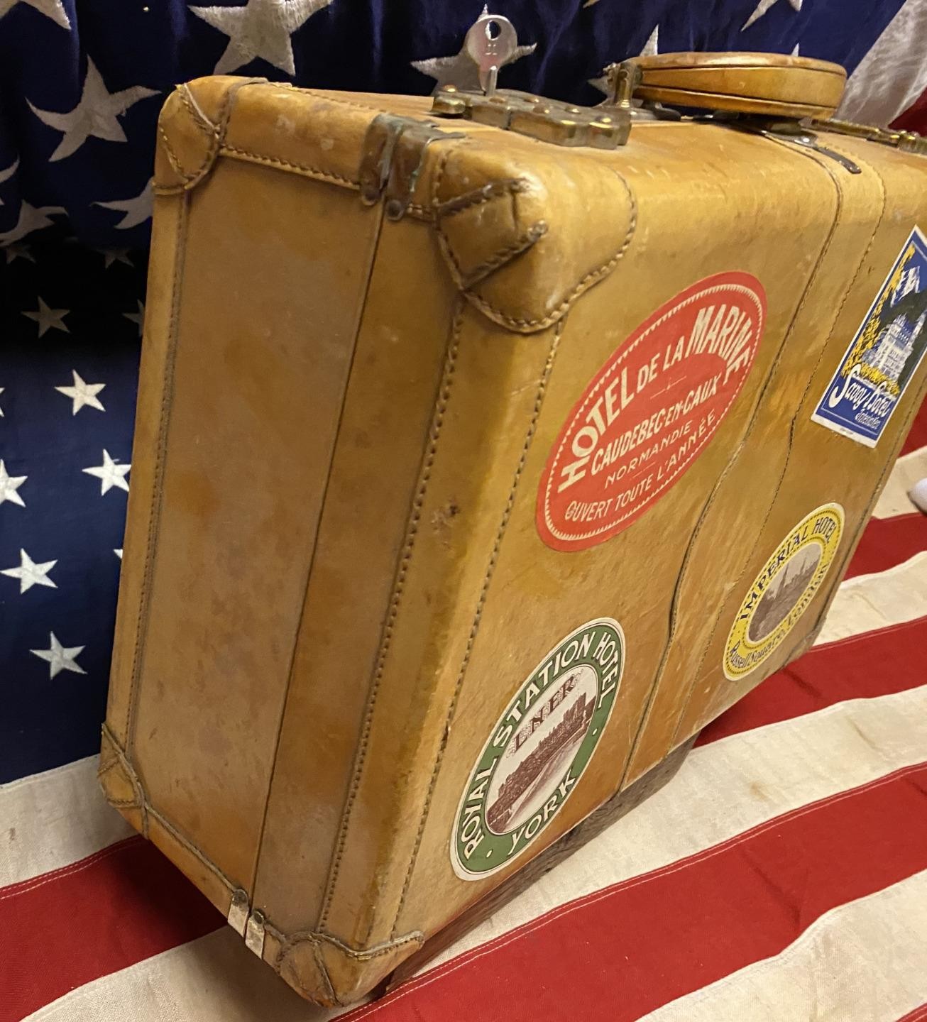 Vintage 1940s Cross Leather Suitcase Travel Stickers US/European Tour Display
