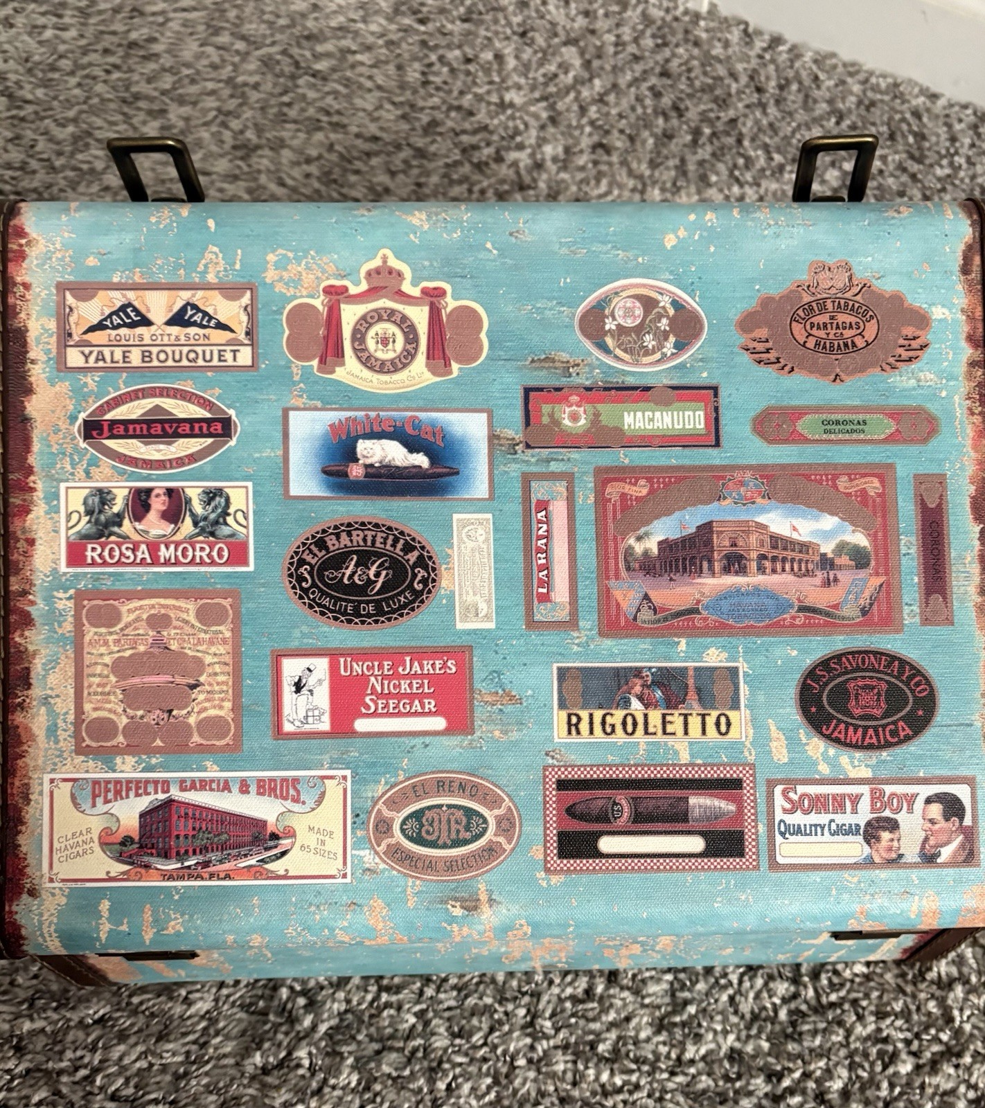Vintage Look Suitcase with Travel Stickers Rustic Decor W/leather Studded Straps