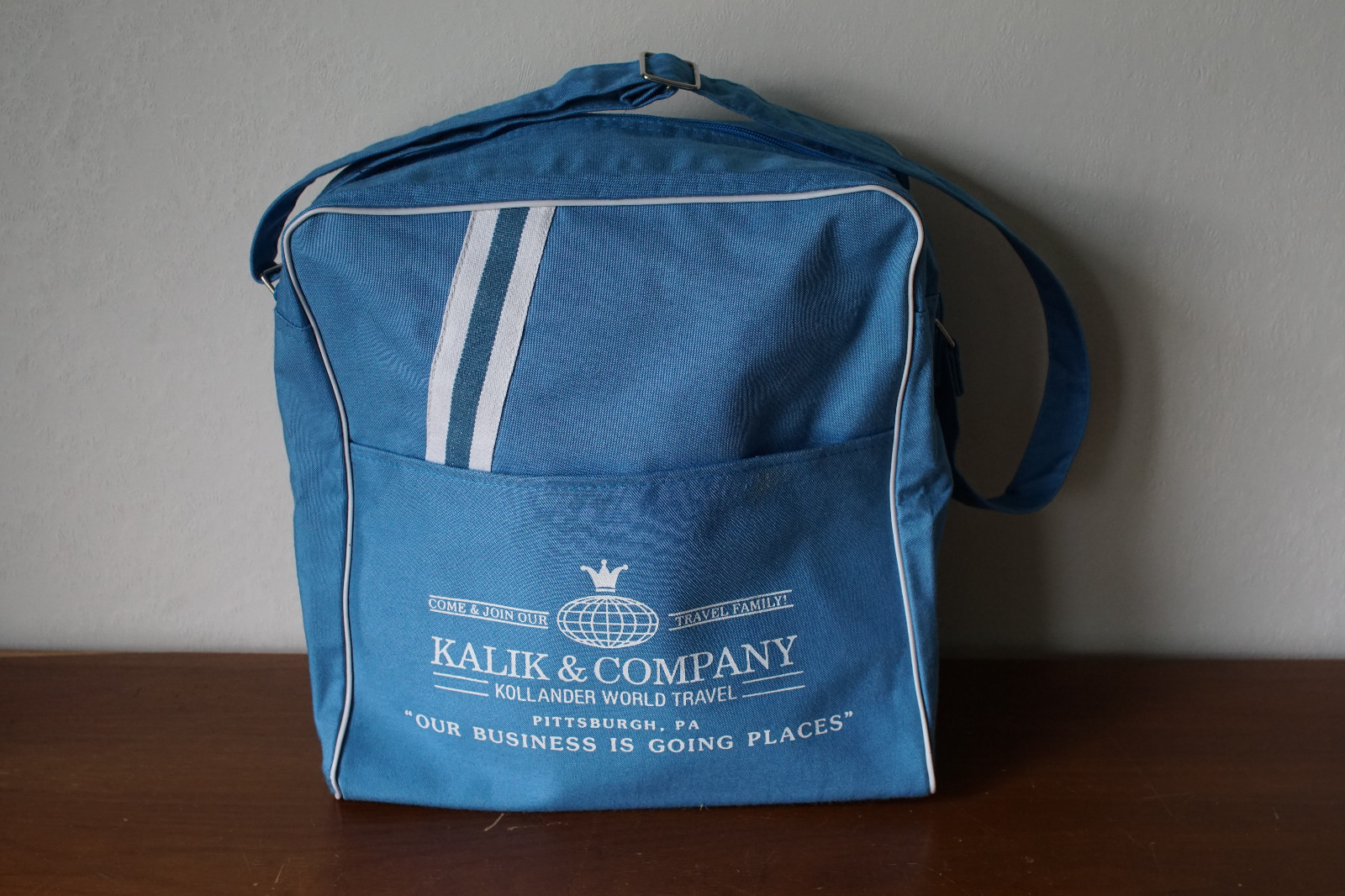 Vintage Baby Blue Striped Canvas/Vinyl Travel Bag Kollander Travel Pittsburgh PA