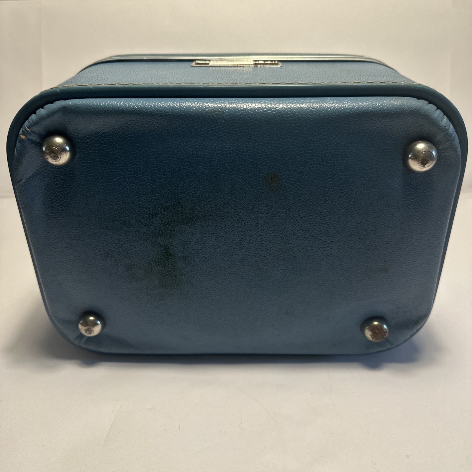 Blue Hard Case Vintage Train Cosmetic Luggage Traveling Suitcase 12″ x 8 1/2.