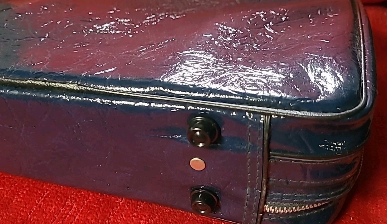 Vintage 60s Blue Vinyl Penguin Travelers Mini Suitcase Overnight Bag Mod Purse