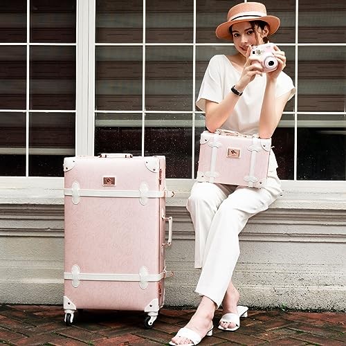 20″ Elegant Pink Vintage Luggage Set 2 Piece, Aluminum Frame Retro Carry On