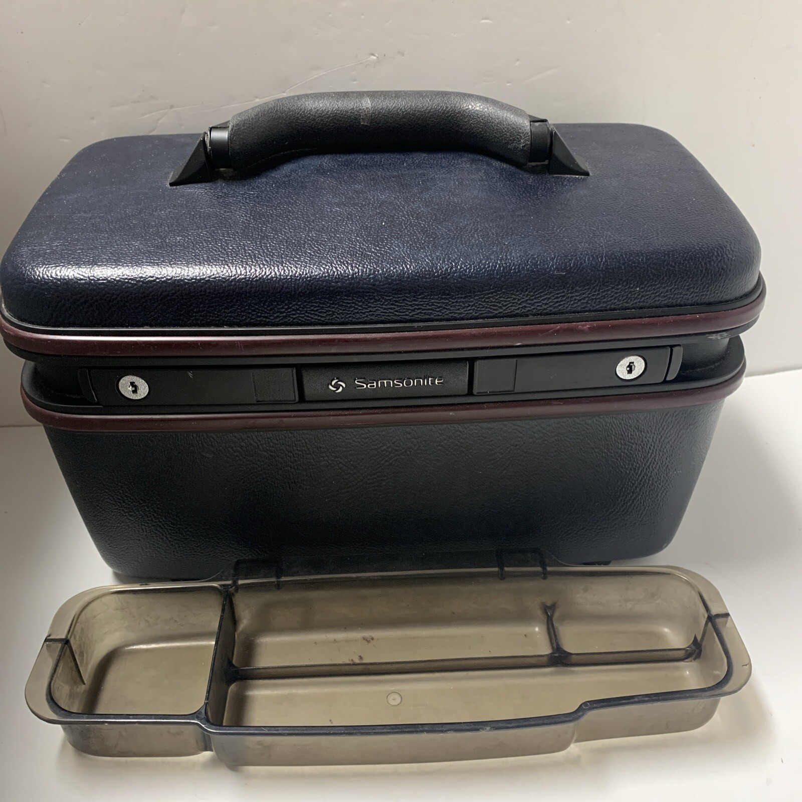 Vintage Samsonite Hard Makeup Case Silhouette No Keys Tray Mirror Gray Blue