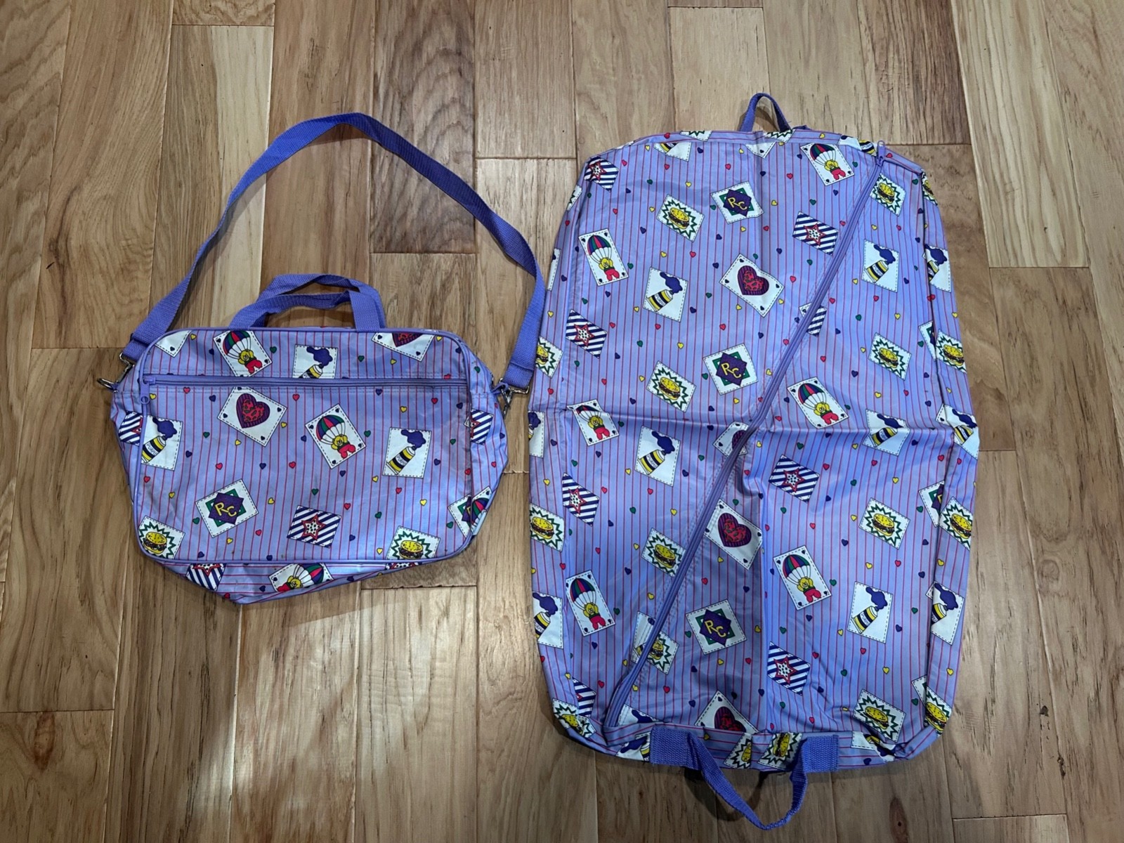 Vintage 90s Girls Travel Bags Garment Bag, Toiletry Bag Purple Stripes Bears