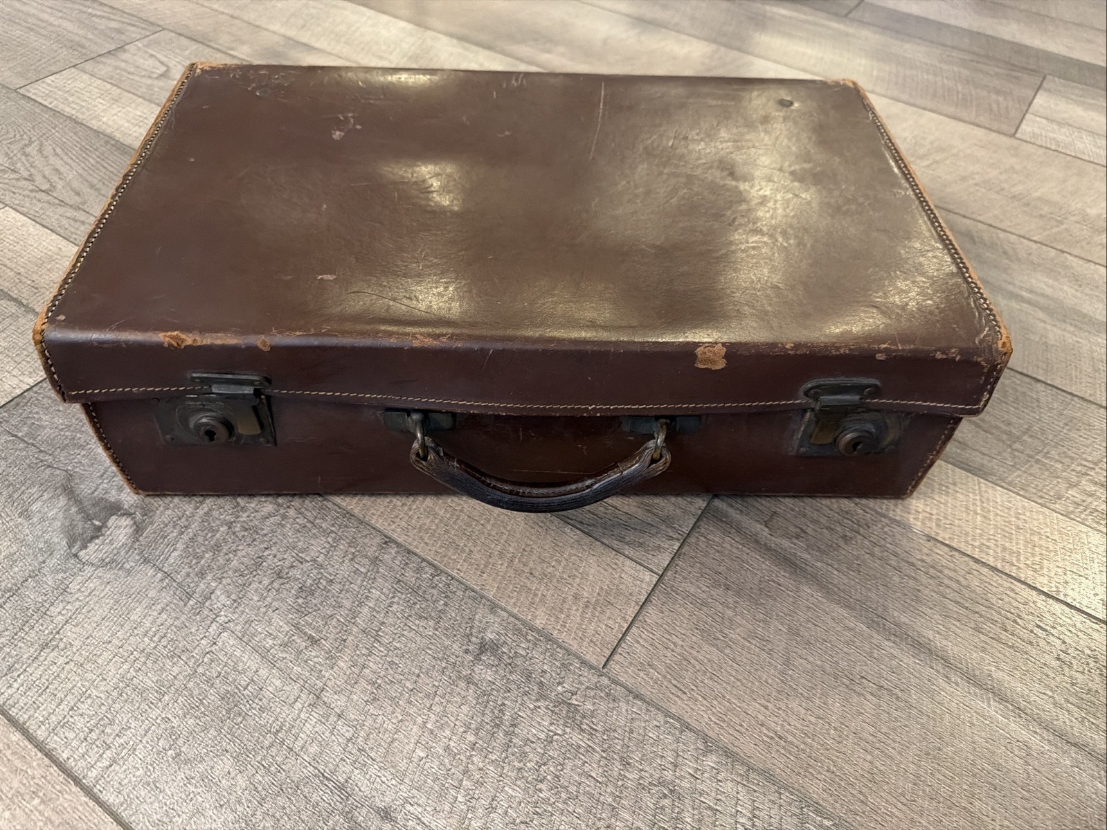 Vintage English Leather Suitcase w/ Brass Lever Locks