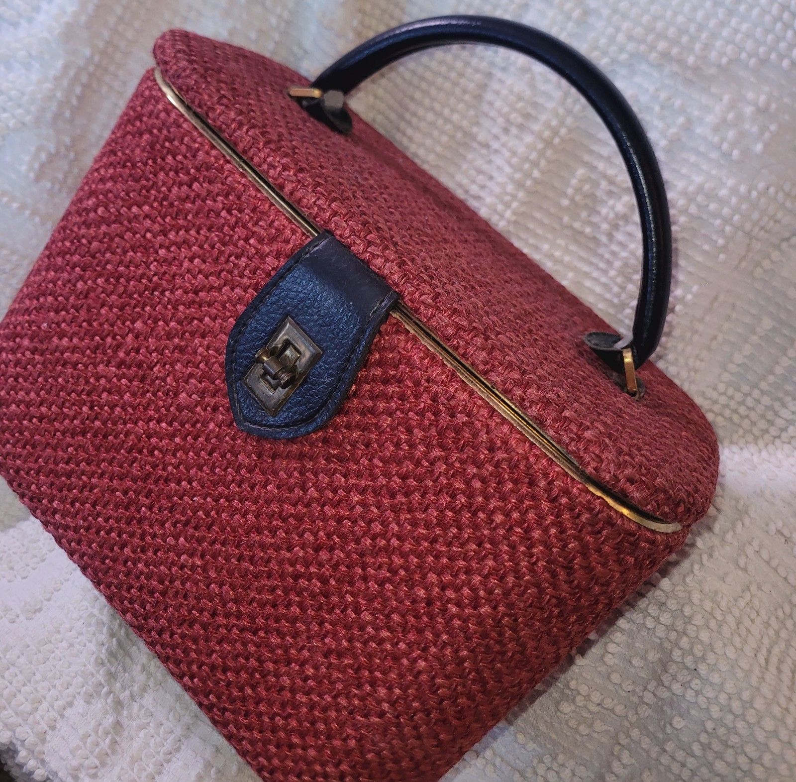 Vintage 60s Red Tweed Train Case Cosmetic Mirror READ Mod Top Handle