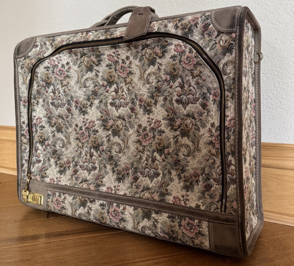 Vintage French Co Floral Tapestry Suitcase Brocade Carry On Luggage USA