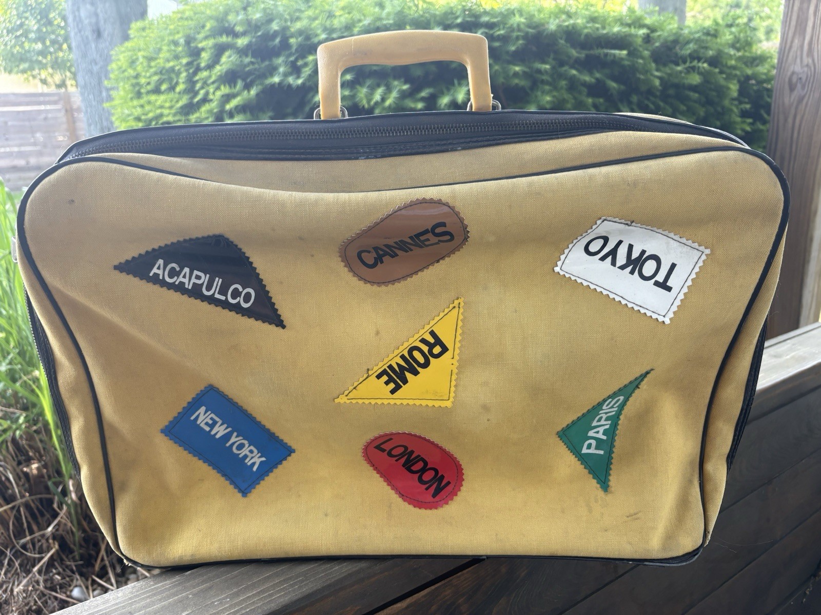 Vintage MCM Mod Yellow Suitcase Vinyl Destination Patches NY Rome Paris Tokyo