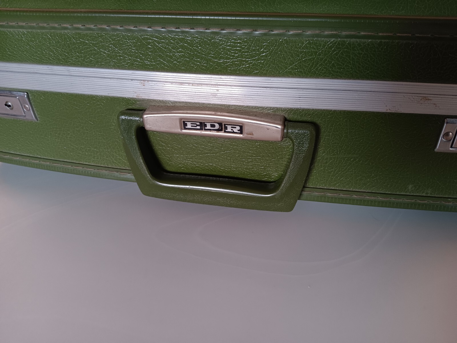 Vintage Avocado Green 2 Piece Nesting Luggage 1960s Hardshell. Initialed EDR.