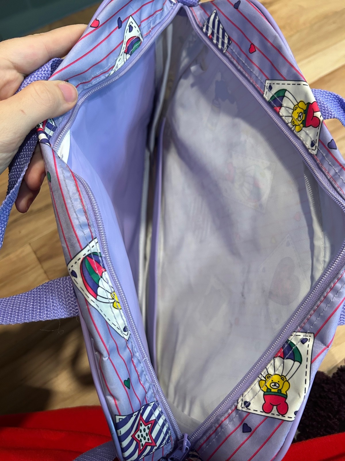 Vintage 90s Girls Travel Bags Garment Bag, Toiletry Bag Purple Stripes Bears