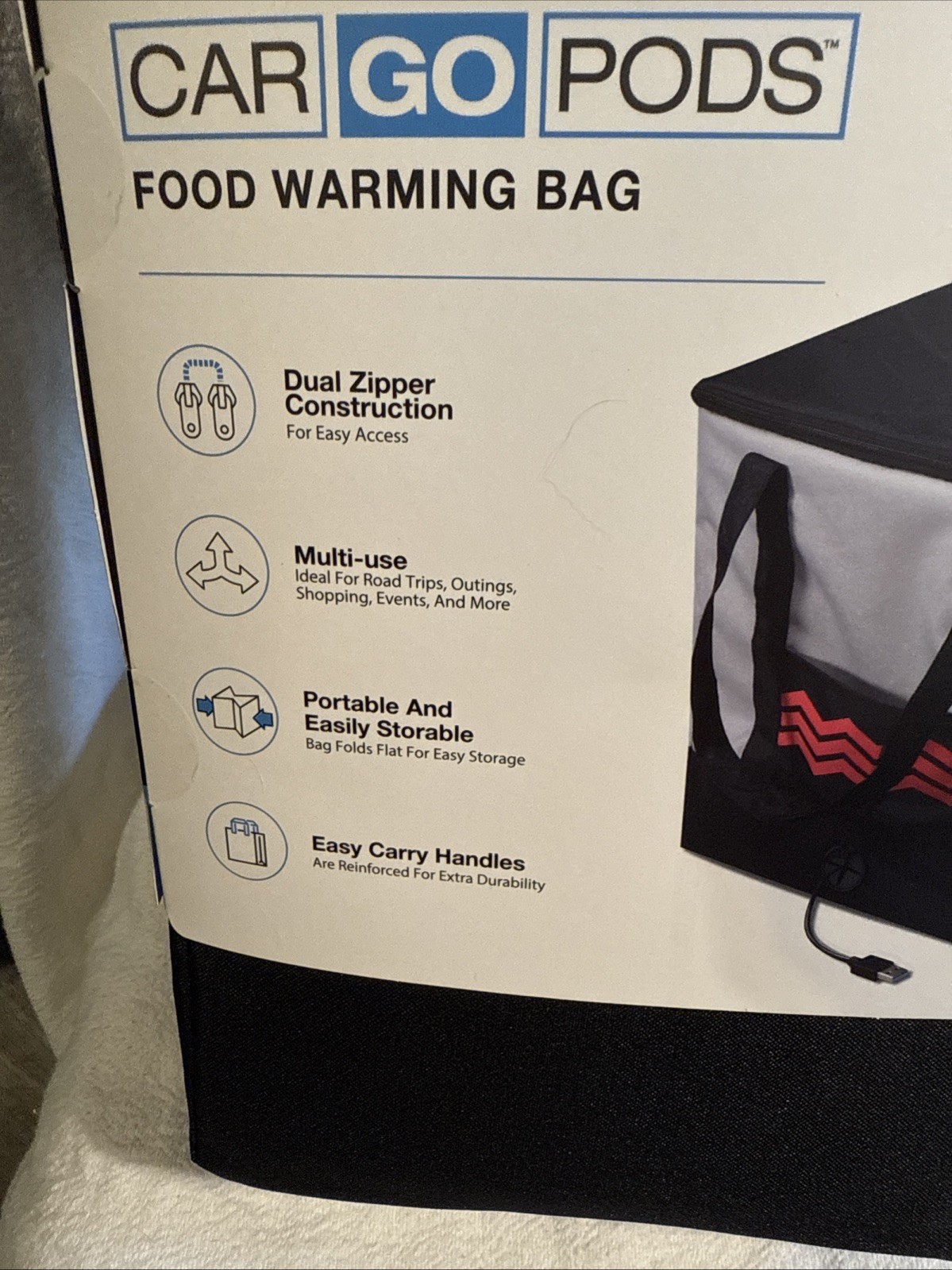 Car Go Pods USB Travel Portable Foldable Food Warming Bag Lunch Box Delivery